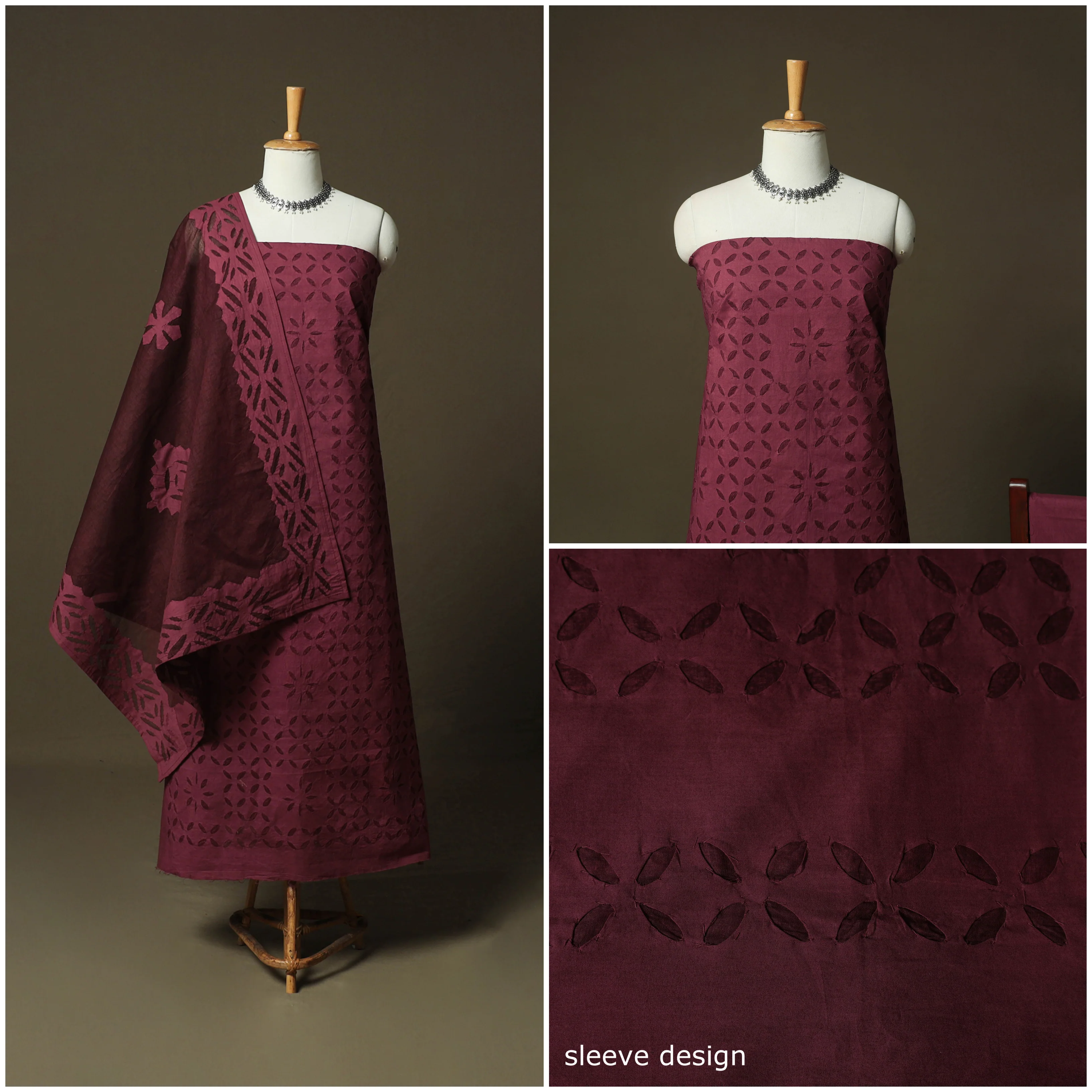 Maroon - Barmer Applique Cutwork Cotton 3pc Unstitched Dress Material Suit Set 04 - Image 3