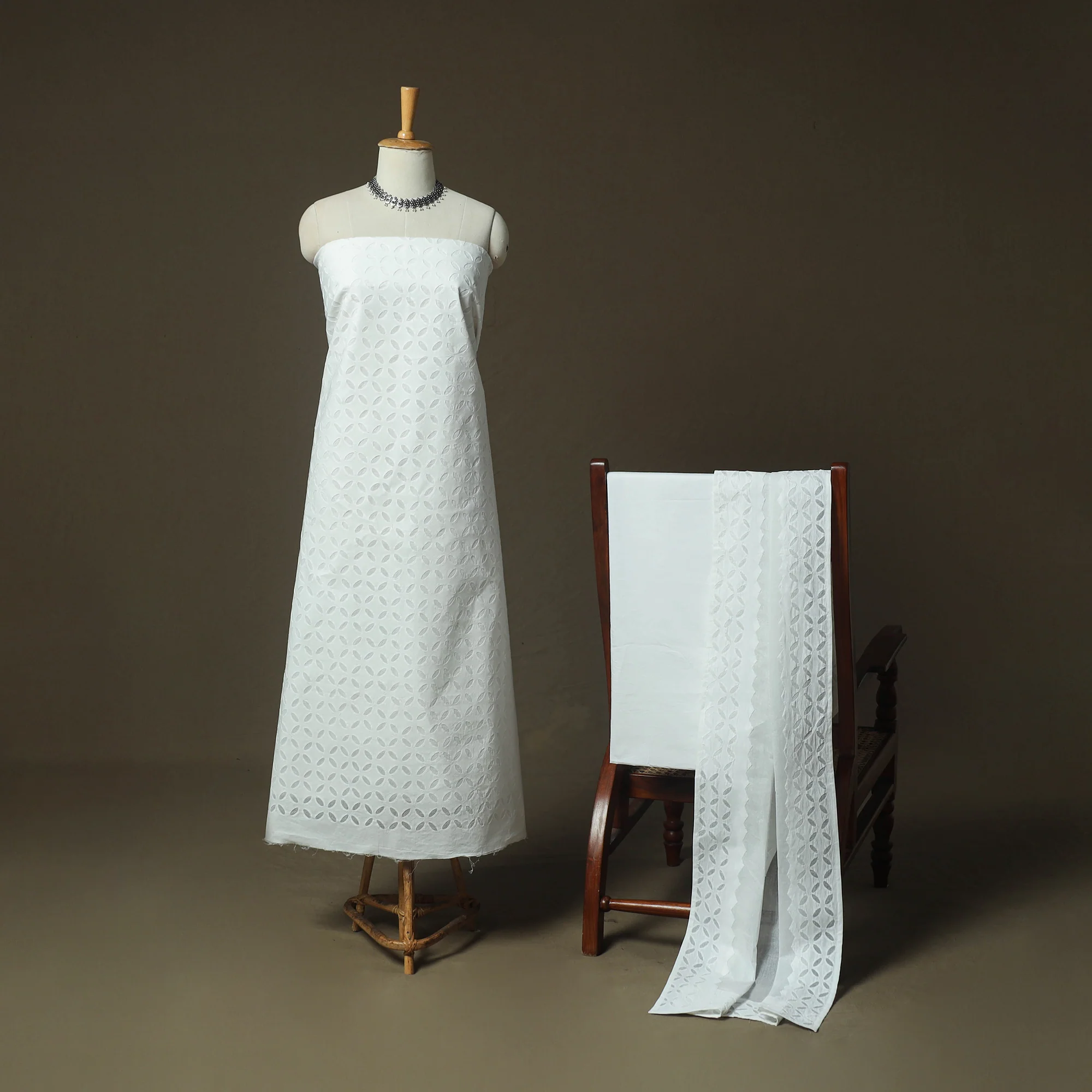 White - Barmer Applique Cutwork Cotton 3pc Unstitched Dress Material Suit Set 05 - Image 2