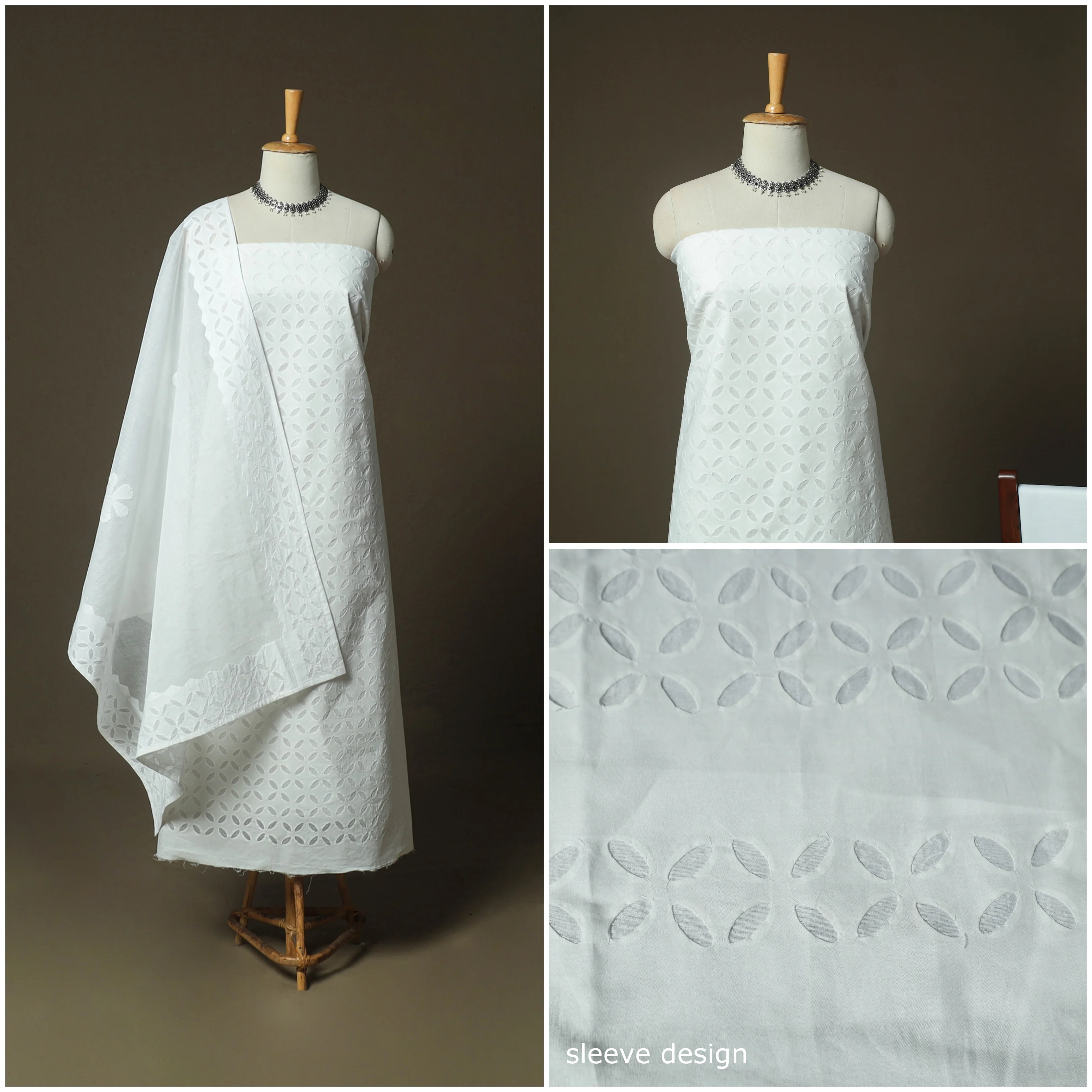 White - Barmer Applique Cutwork Cotton 3pc Unstitched Dress Material Suit Set 05 - Image 3