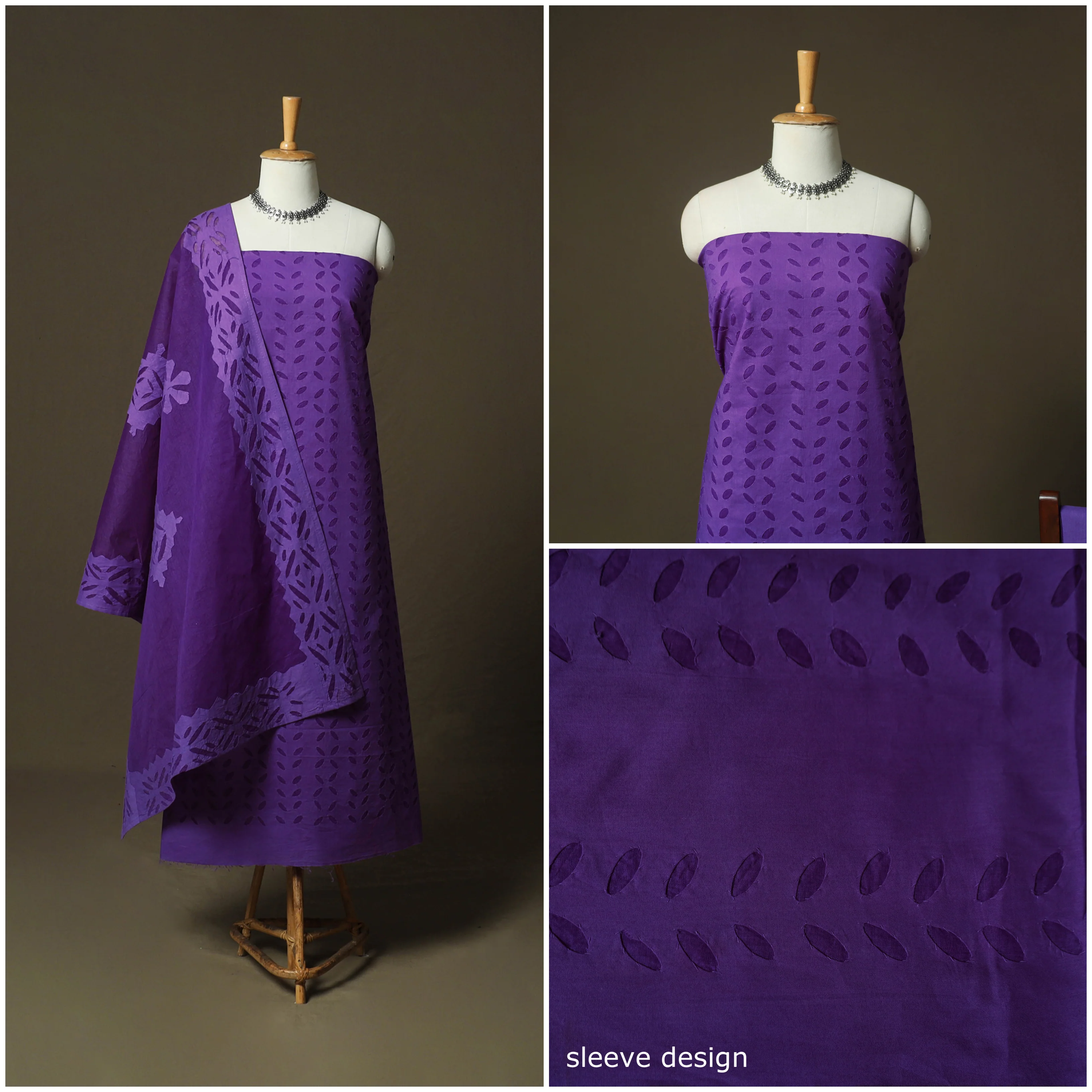 Purple - Barmer Applique Cutwork Cotton 3pc Unstitched Dress Material Suit Set 06 - Image 3
