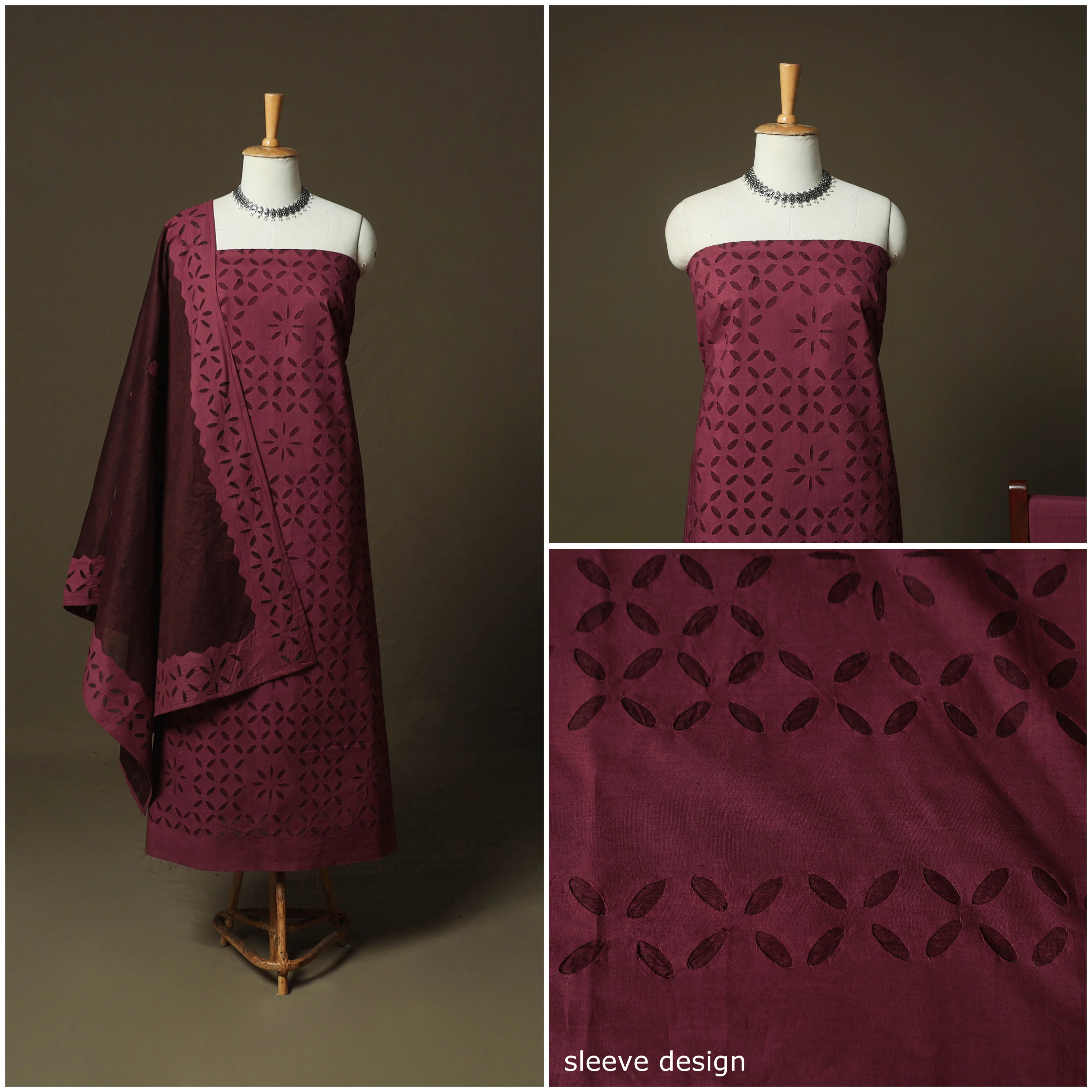 Maroon - Barmer Applique Cutwork Cotton 3pc Unstitched Dress Material Suit Set 07 - Image 3