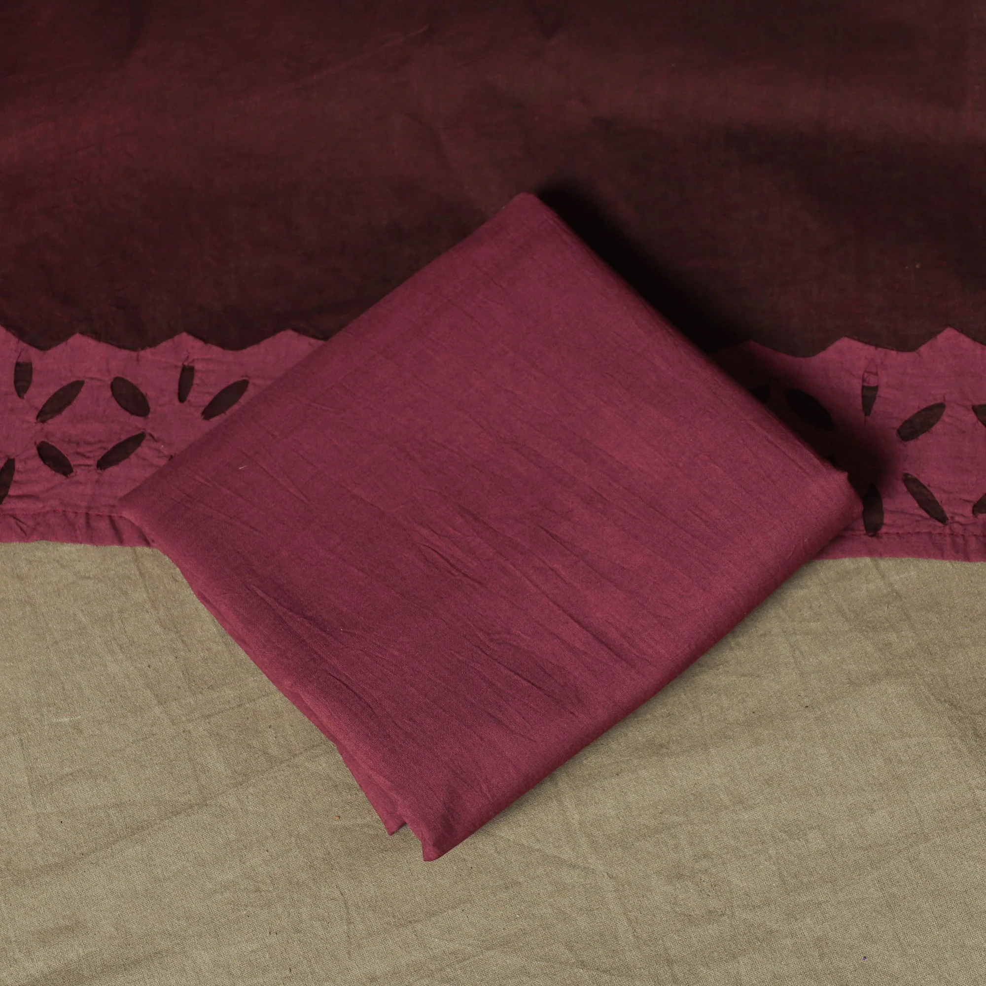 Maroon - Barmer Applique Cutwork Cotton 3pc Unstitched Dress Material Suit Set 07 - Image 5