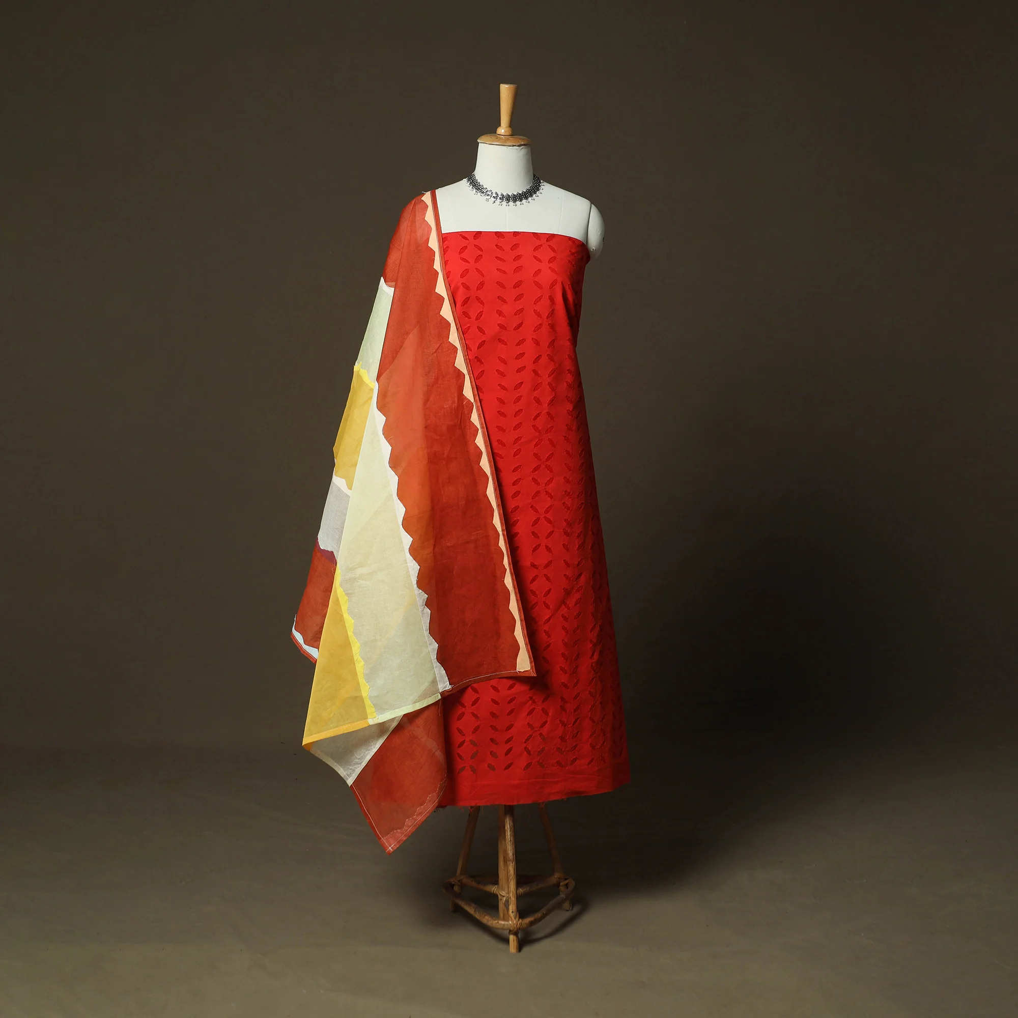 Red - Barmer Applique Cutwork Cotton 3pc Unstitched Dress Material Suit Set 08