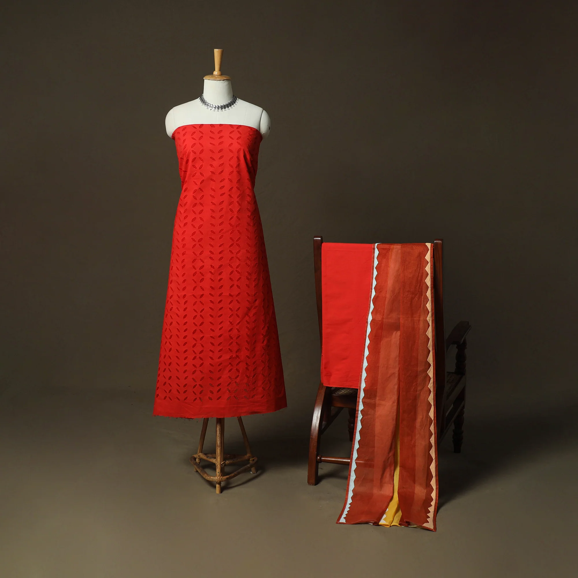 Red - Barmer Applique Cutwork Cotton 3pc Unstitched Dress Material Suit Set 08 - Image 2