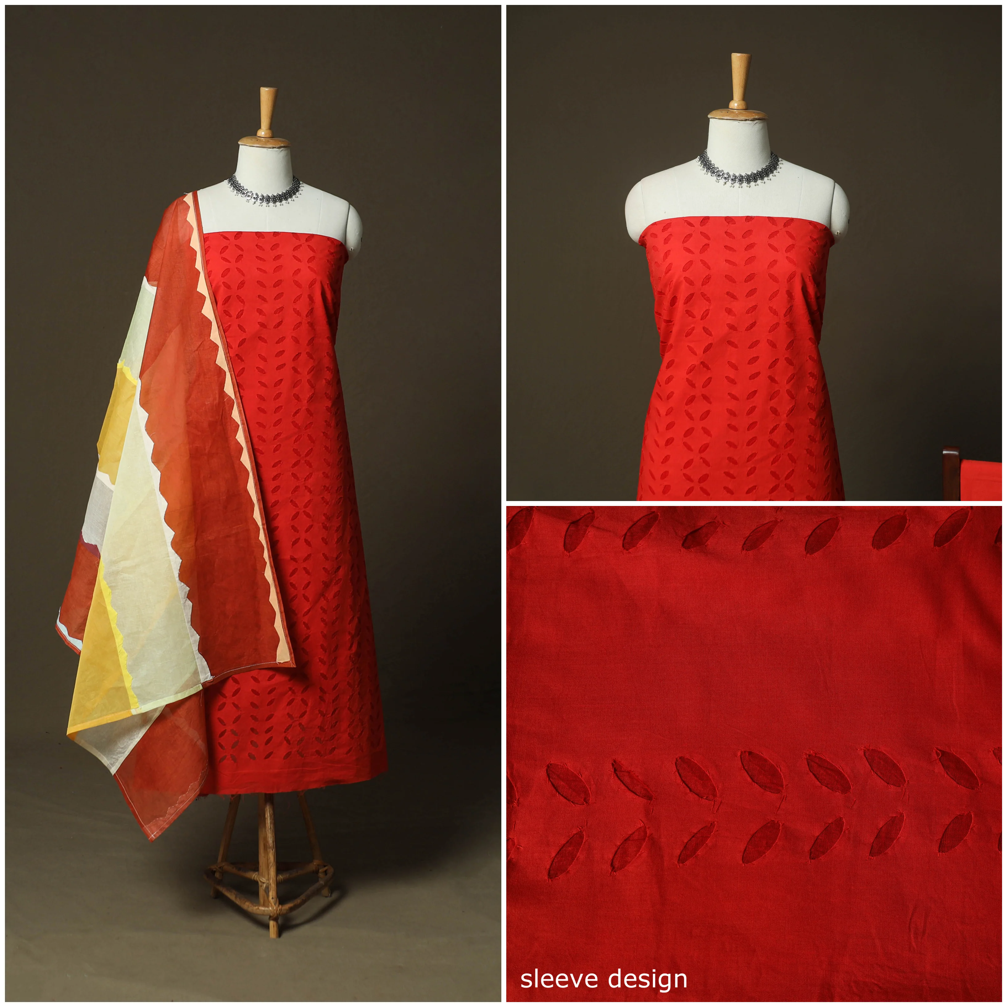 Red - Barmer Applique Cutwork Cotton 3pc Unstitched Dress Material Suit Set 08 - Image 3