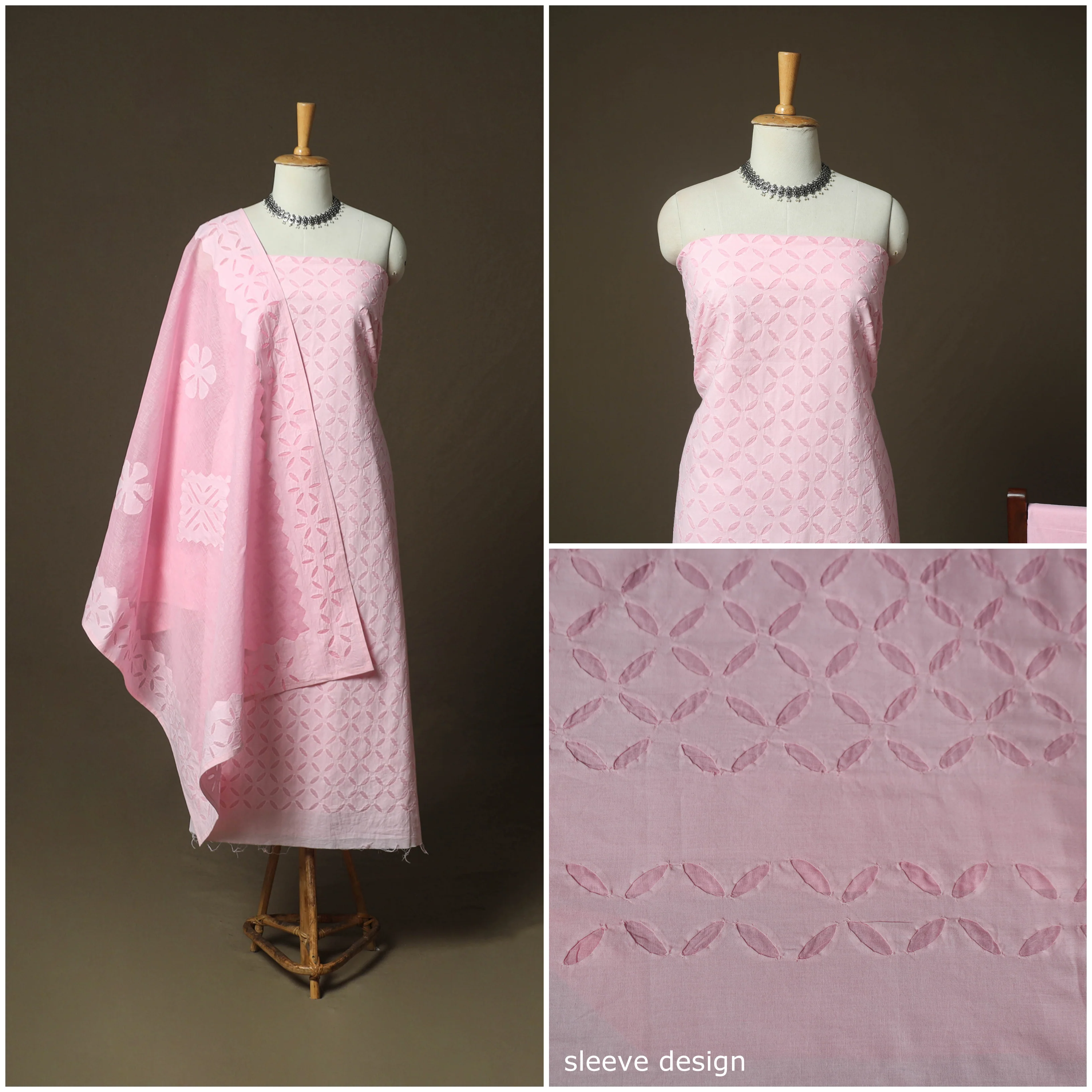 Pink - Barmer Applique Cutwork Cotton 3pc Unstitched Dress Material Suit Set 13 - Image 3
