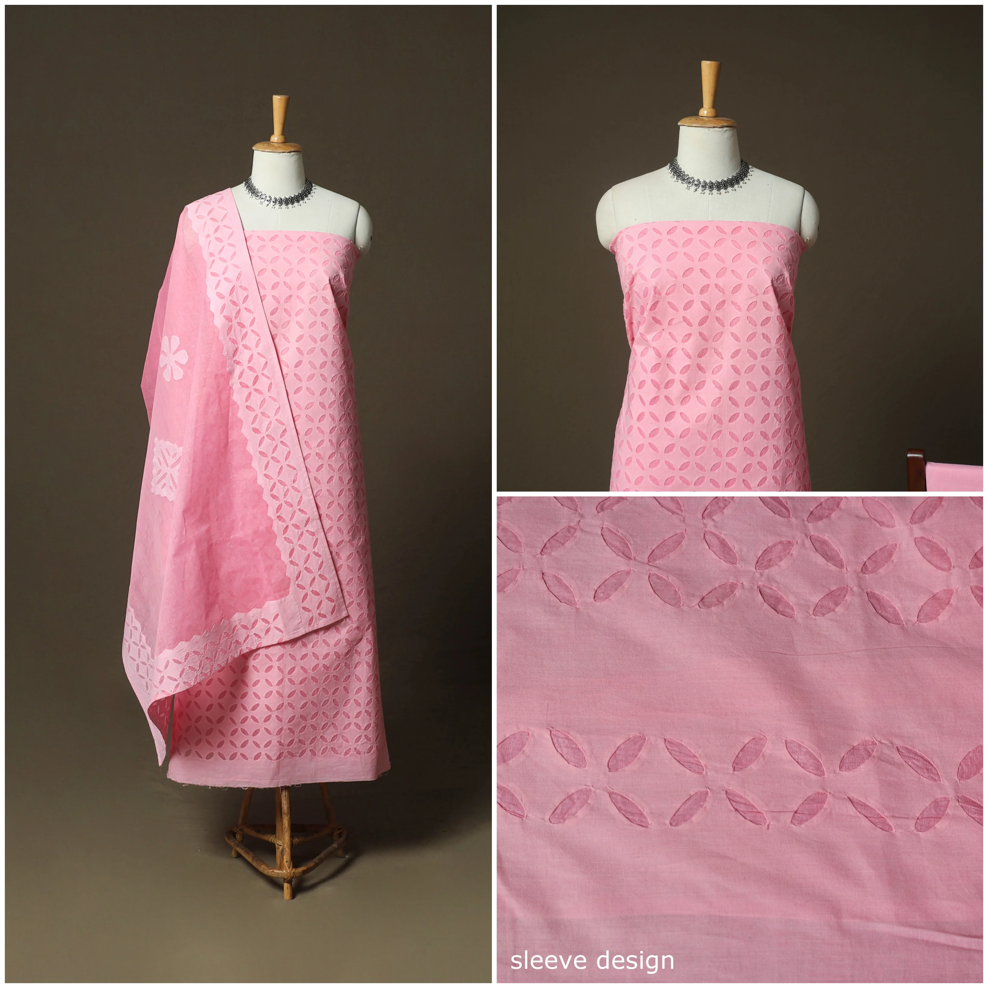 Pink - Barmer Applique Cutwork Cotton 3pc Unstitched Dress Material Suit Set 14 - Image 3
