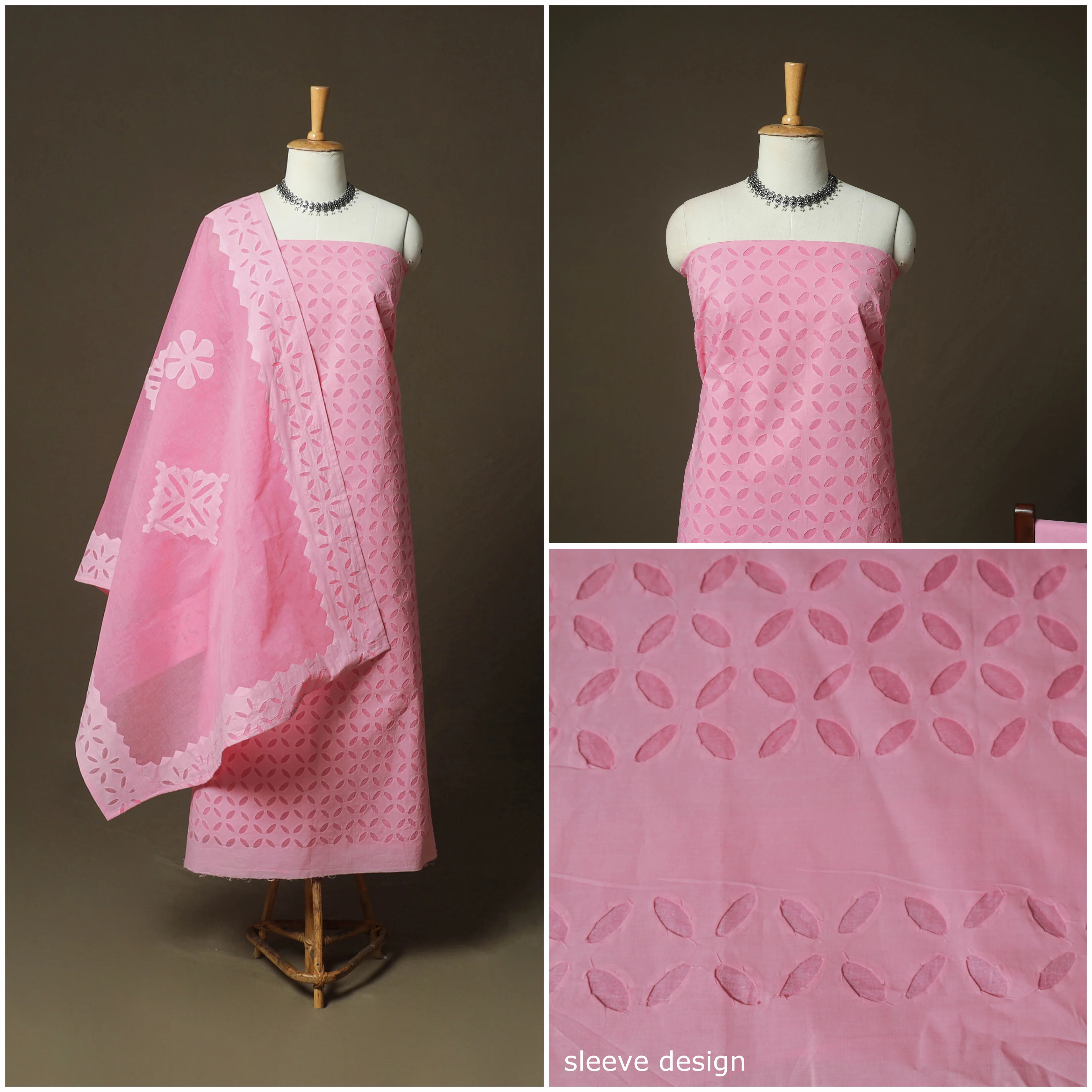 Pink - Barmer Applique Cutwork Cotton 3pc Unstitched Dress Material Suit Set 15 - Image 3