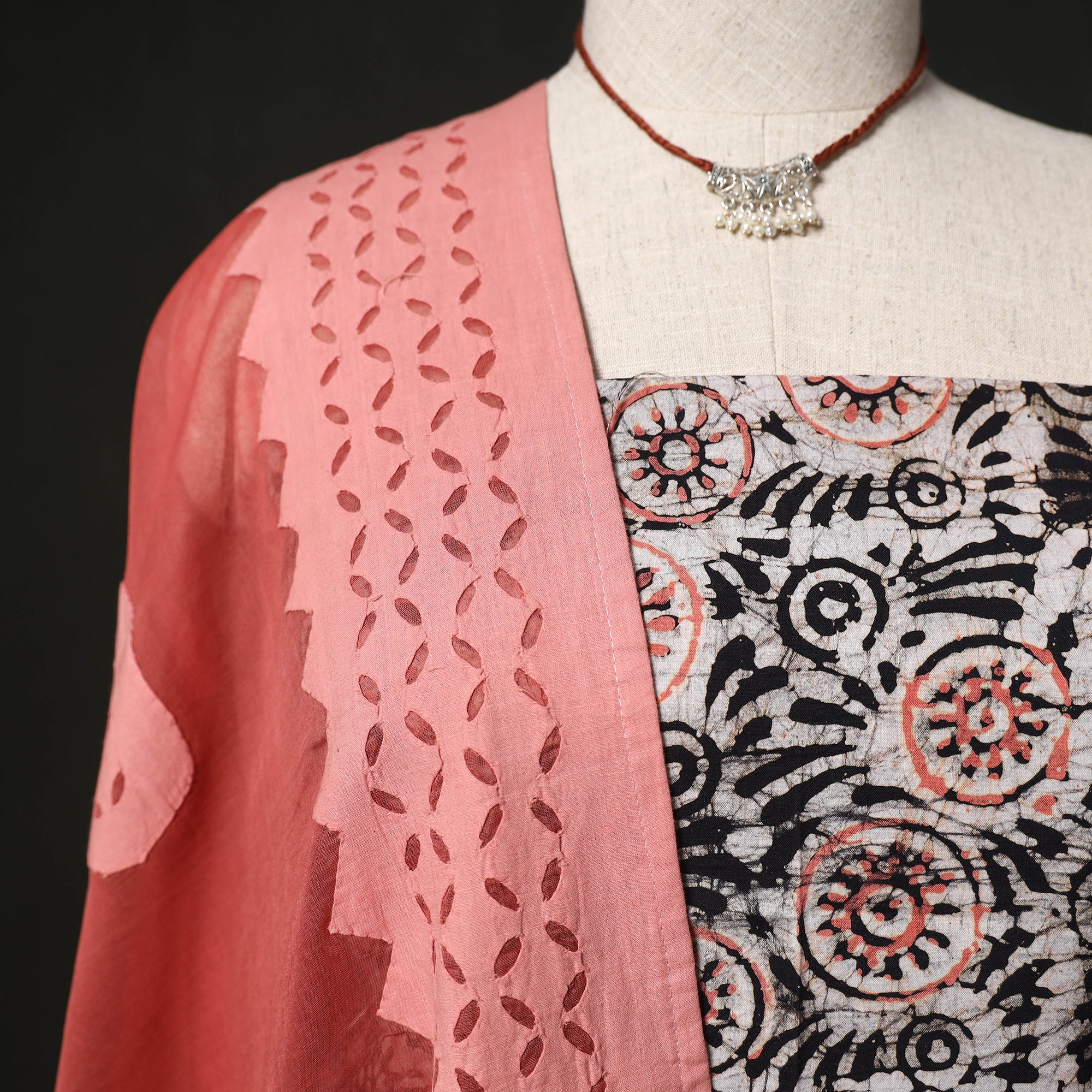 Batik Hand Block Print 2pc Cotton Unstitched Dress Material Kurta Set with Jewellery 02 - Image 3