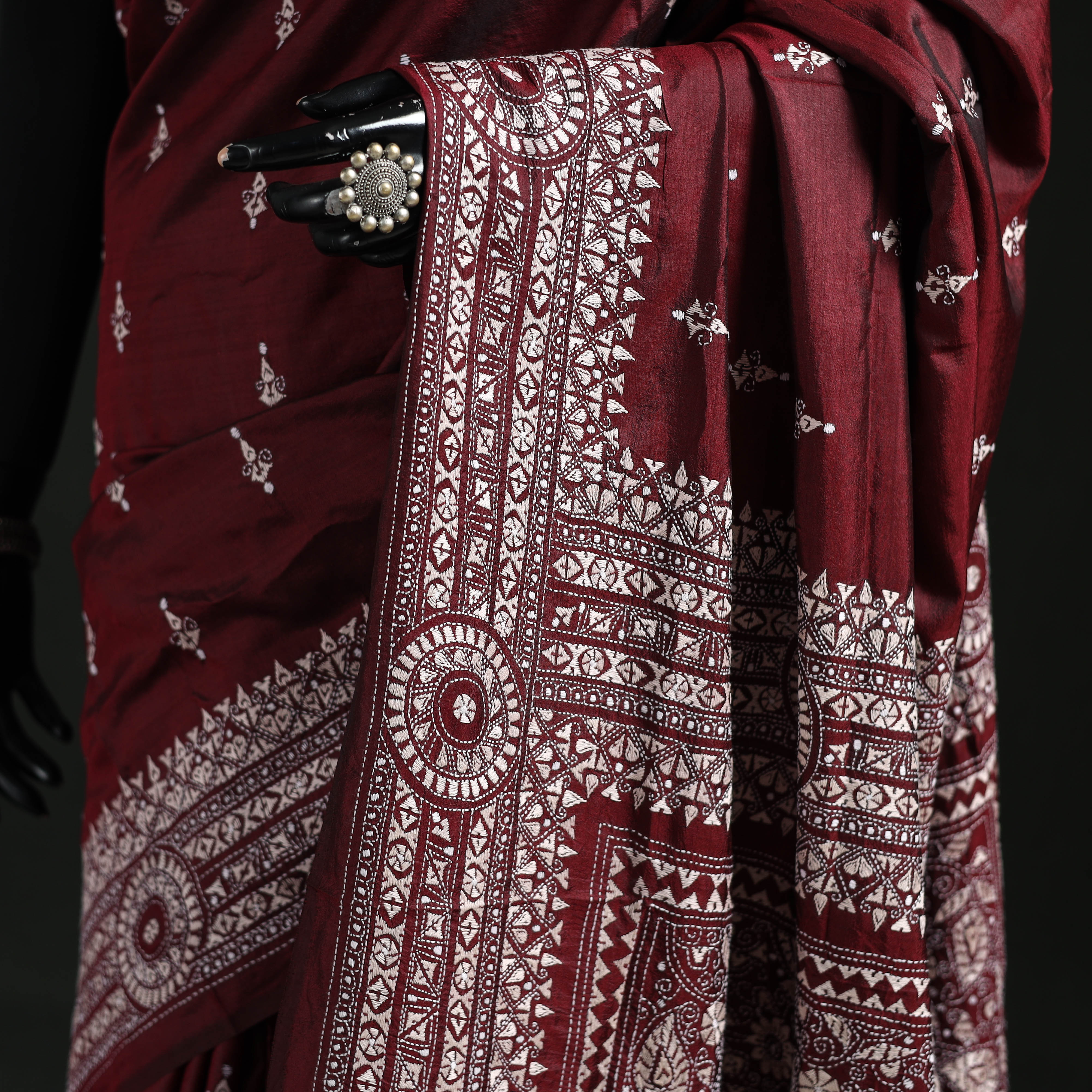 Maroon - Bengal Kantha Hand Embroidered Pure Silk Saree 01 - Image 3