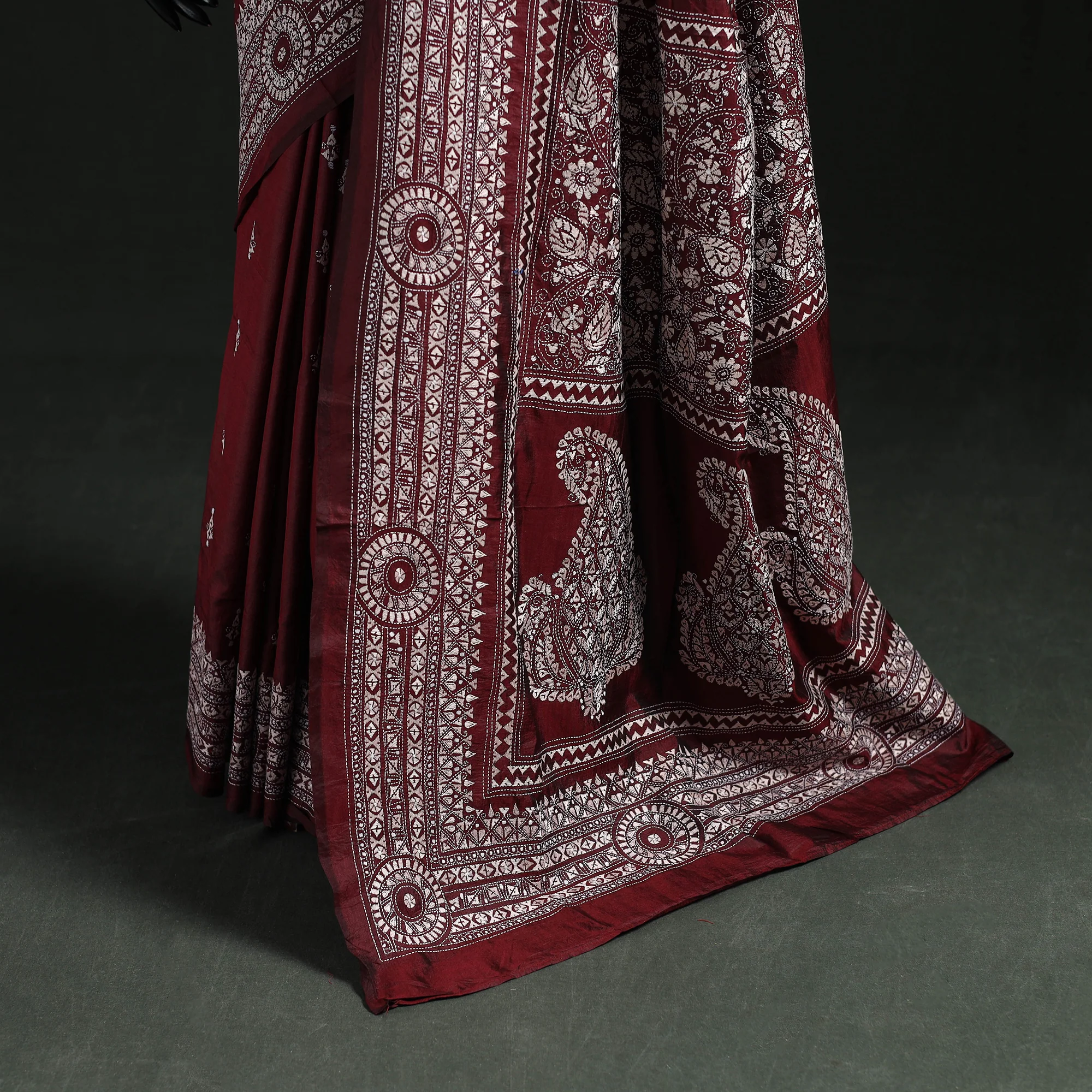Maroon - Bengal Kantha Hand Embroidered Pure Silk Saree 01 - Image 4