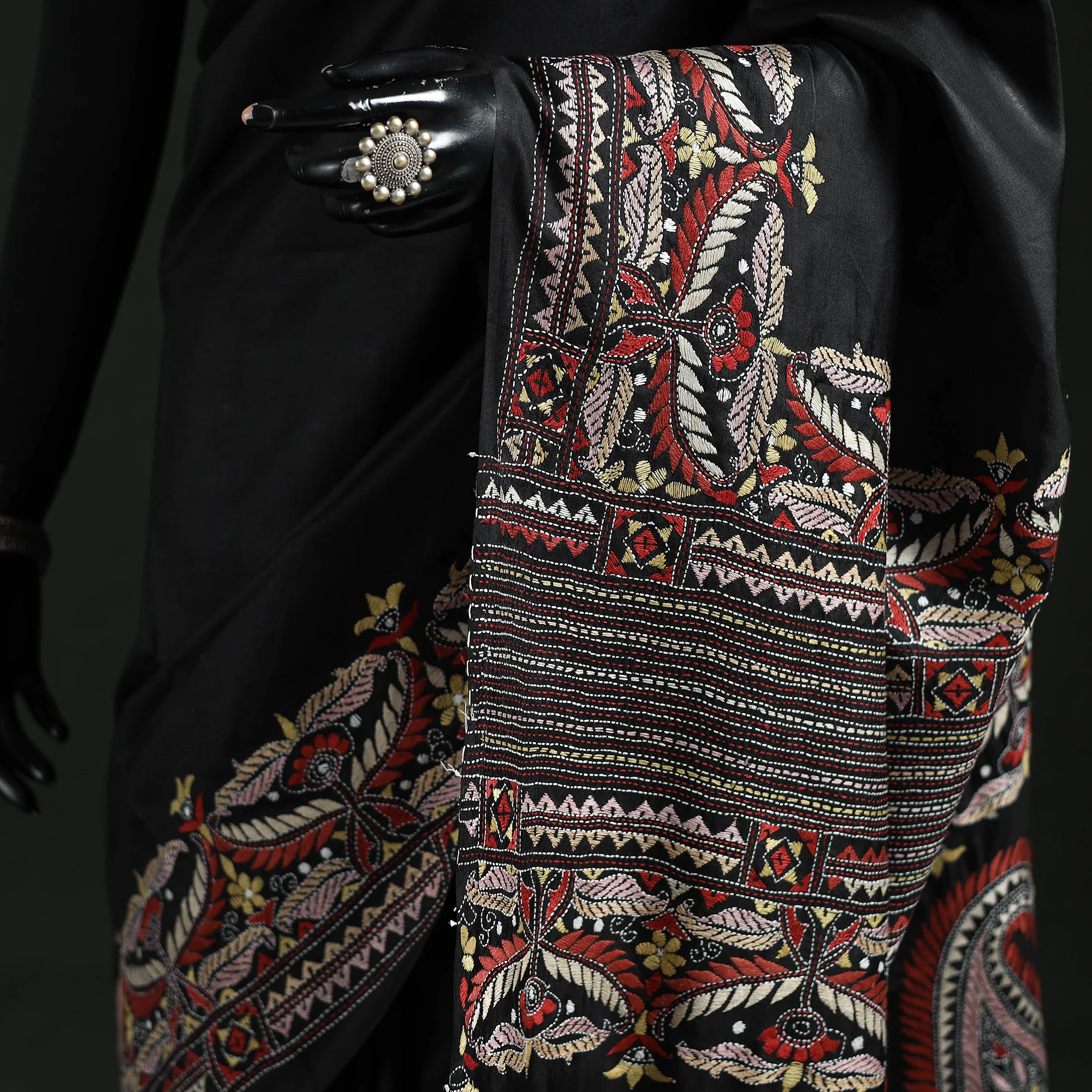 Black - Bengal Kantha Hand Embroidered Pure Silk Saree 02 - Image 3