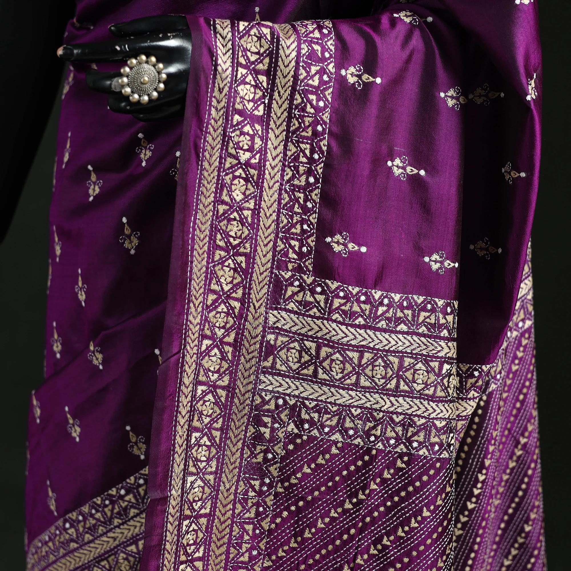 Purple - Bengal Kantha Hand Embroidered Pure Silk Saree 03 - Image 3