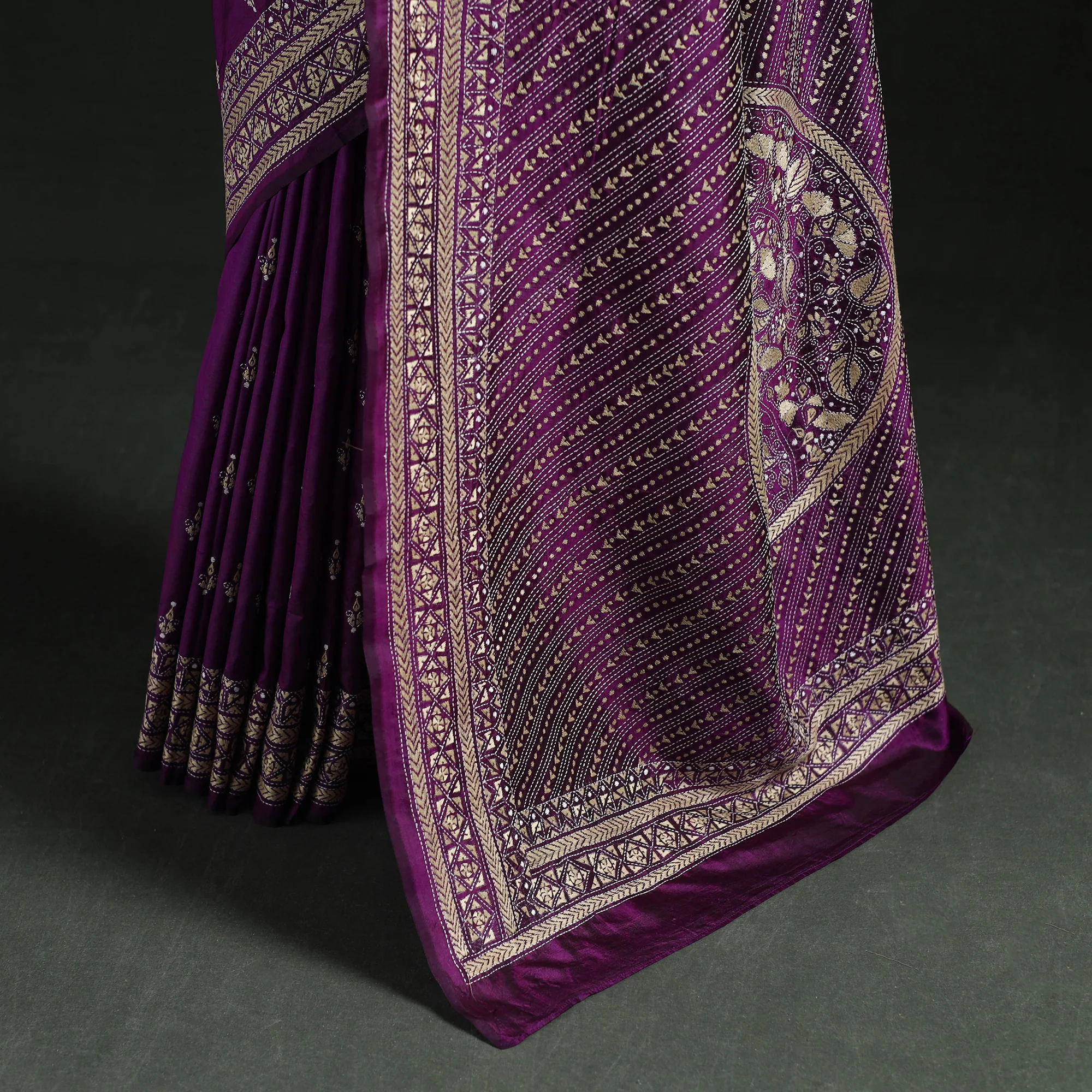 Purple - Bengal Kantha Hand Embroidered Pure Silk Saree 03 - Image 4