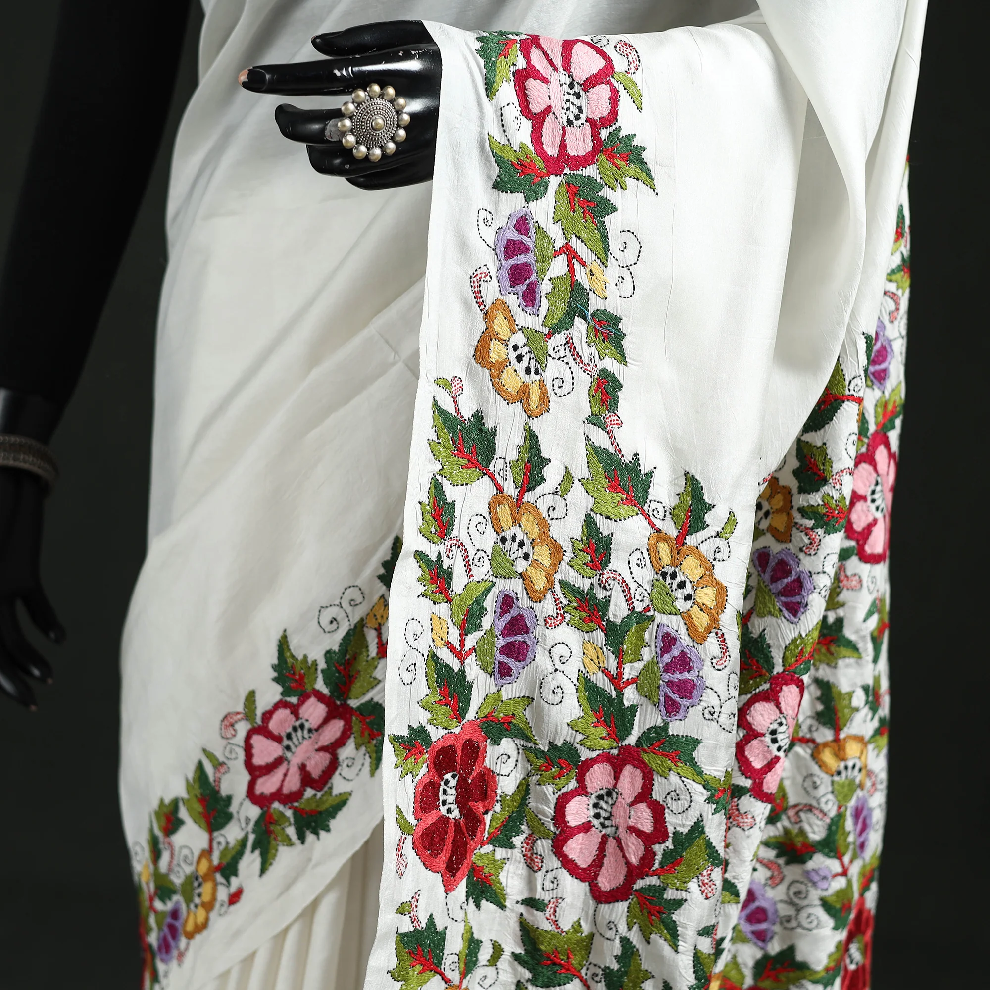White - Bengal Kantha Hand Embroidered Pure Silk Saree 04 - Image 3