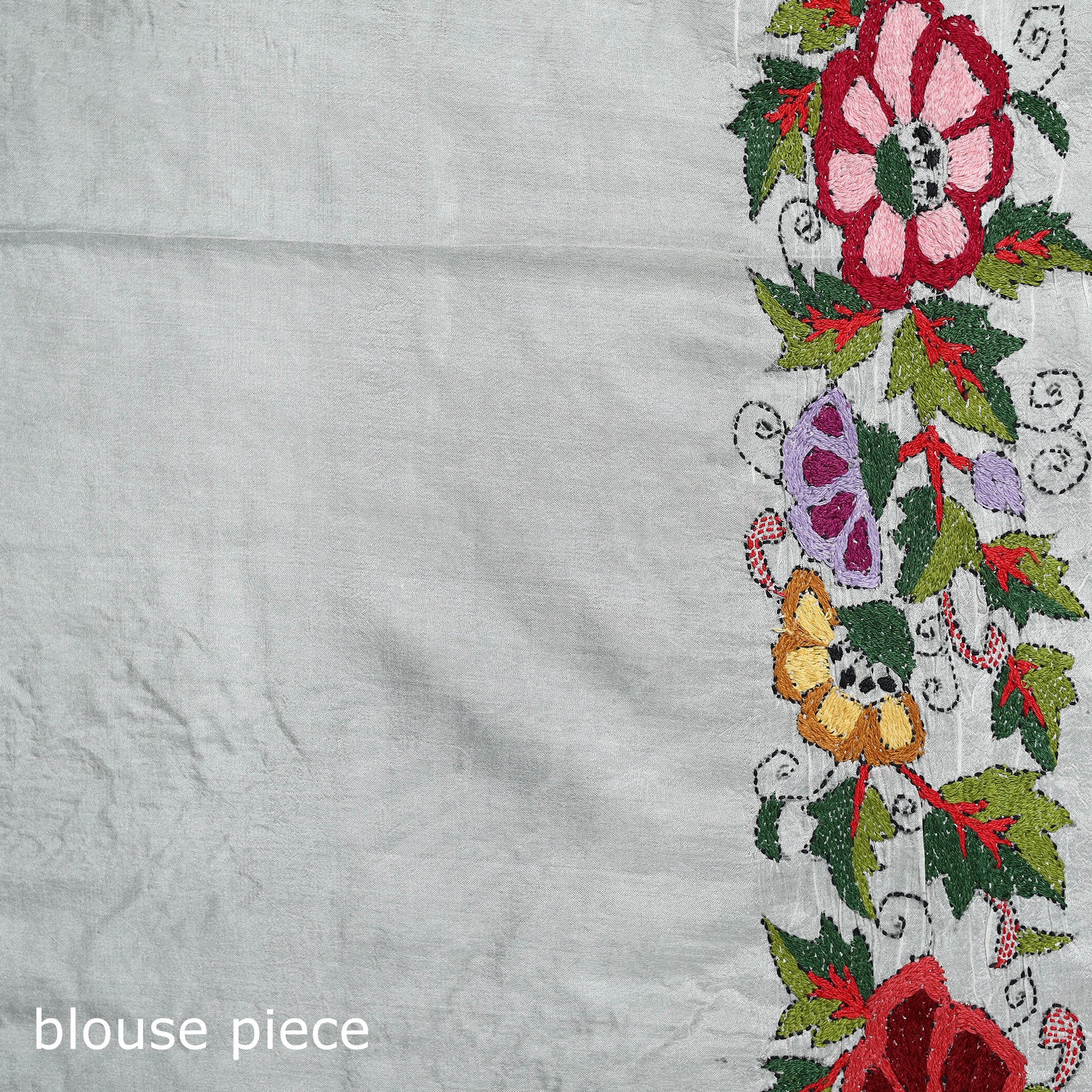 White - Bengal Kantha Hand Embroidered Pure Silk Saree 04 - Image 5