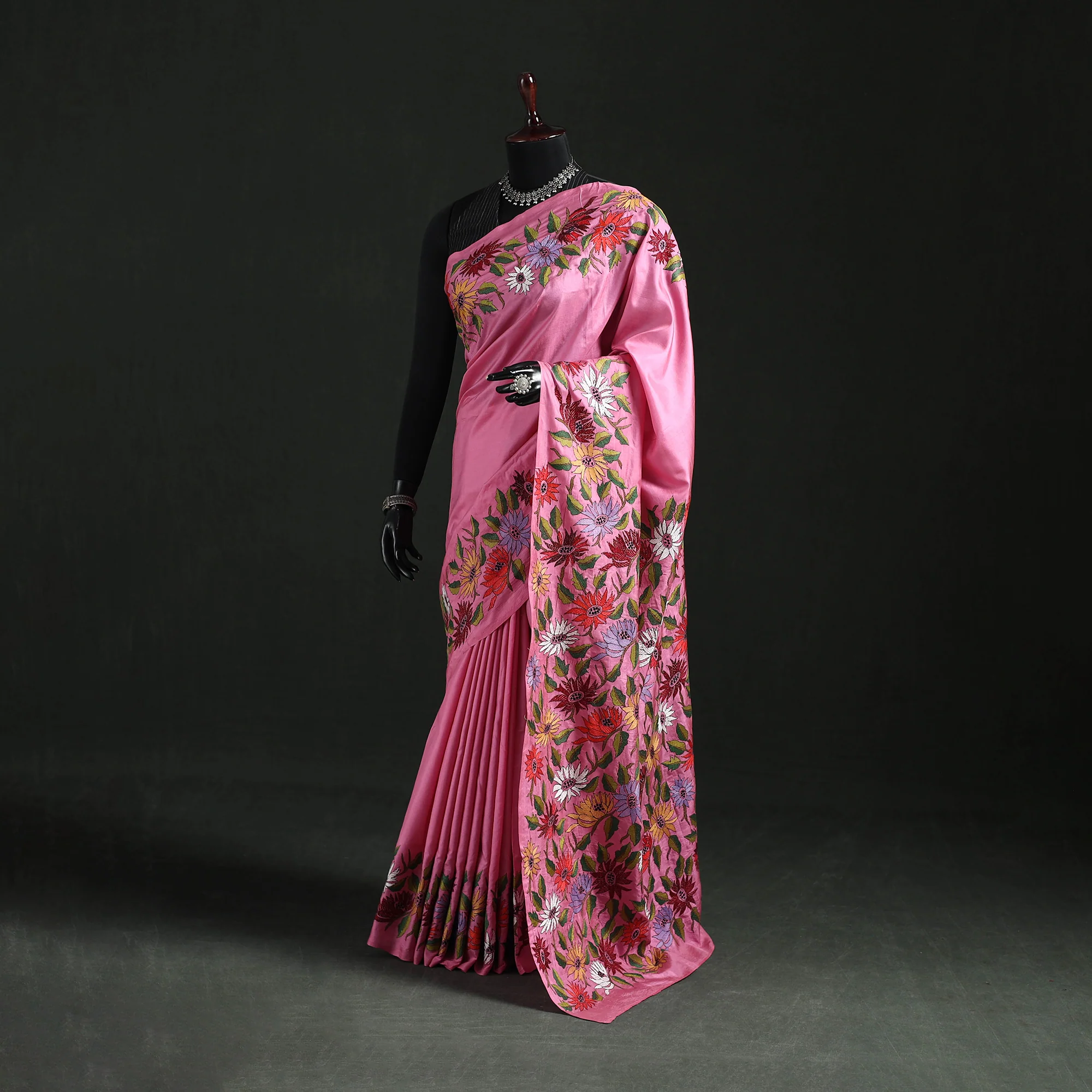 Pink - Bengal Kantha Hand Embroidered Pure Silk Saree 05