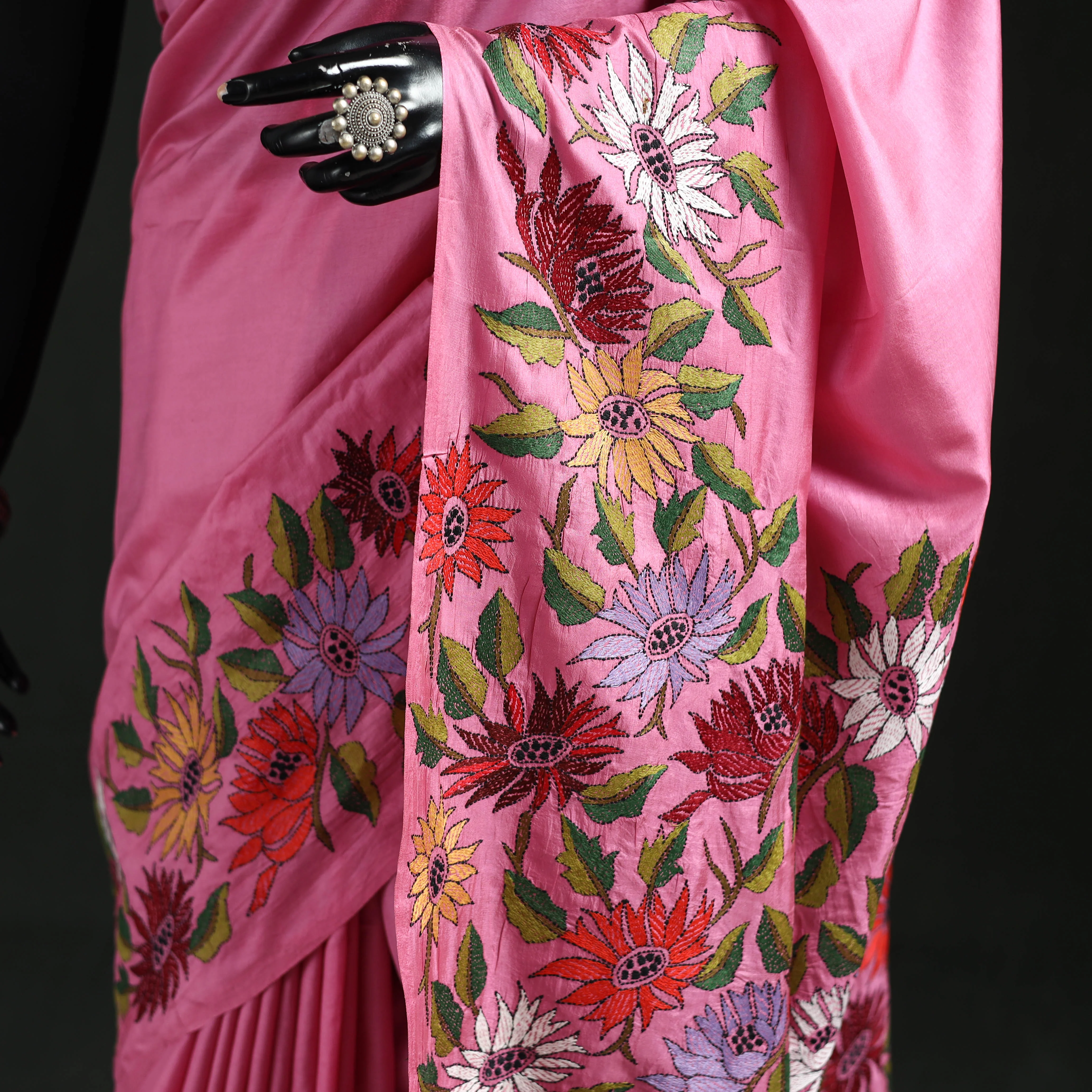 Pink - Bengal Kantha Hand Embroidered Pure Silk Saree 05 - Image 3