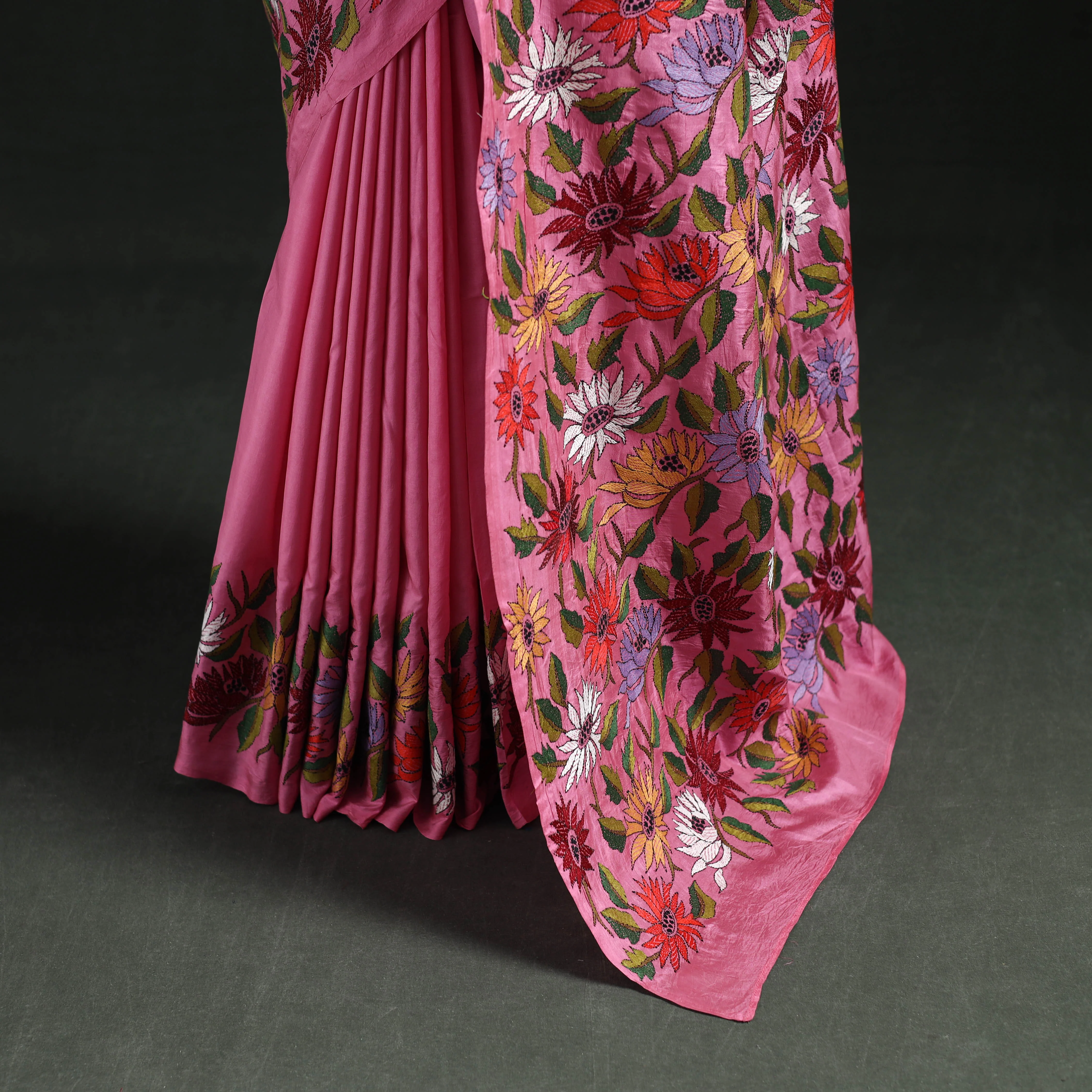 Pink - Bengal Kantha Hand Embroidered Pure Silk Saree 05 - Image 4