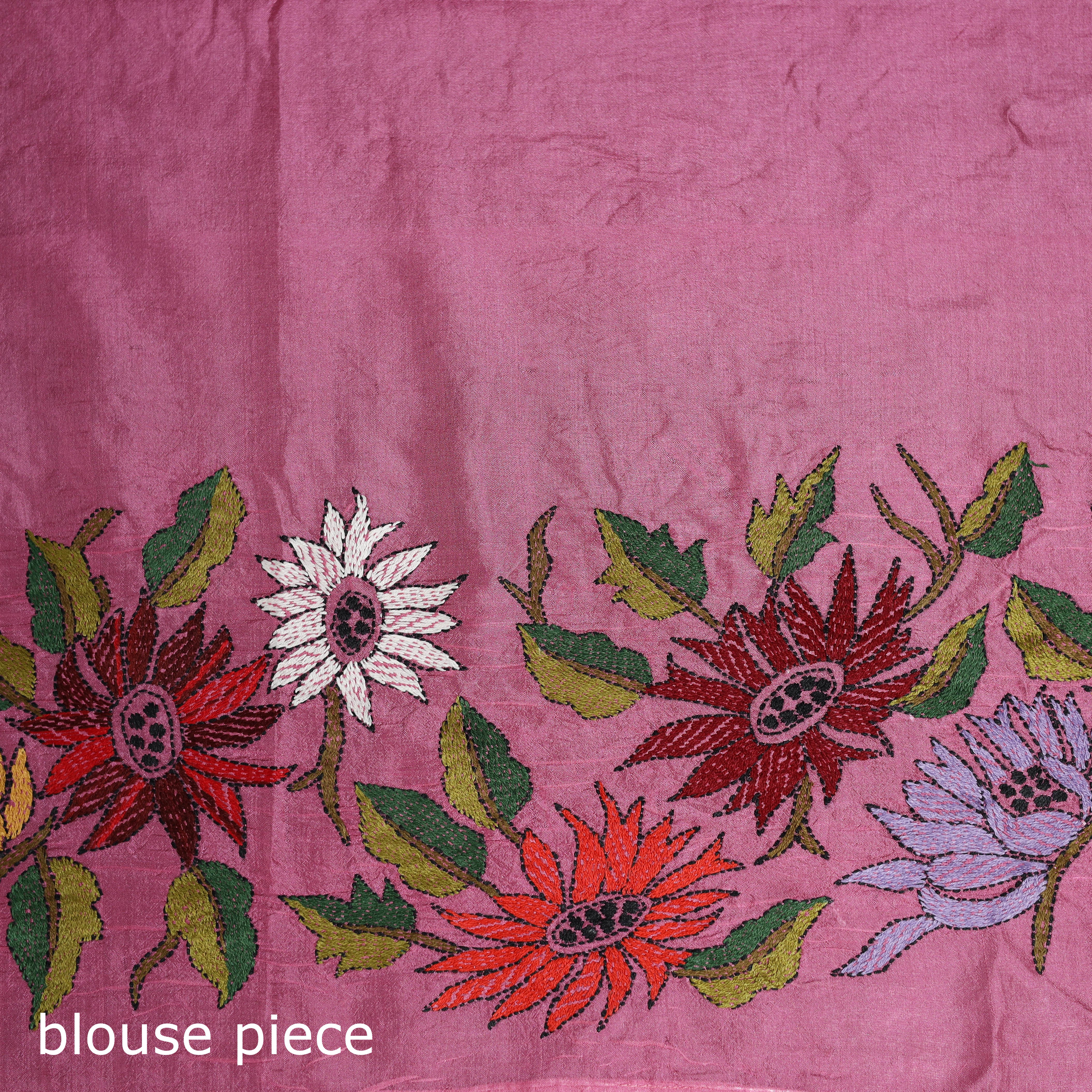Pink - Bengal Kantha Hand Embroidered Pure Silk Saree 05 - Image 5