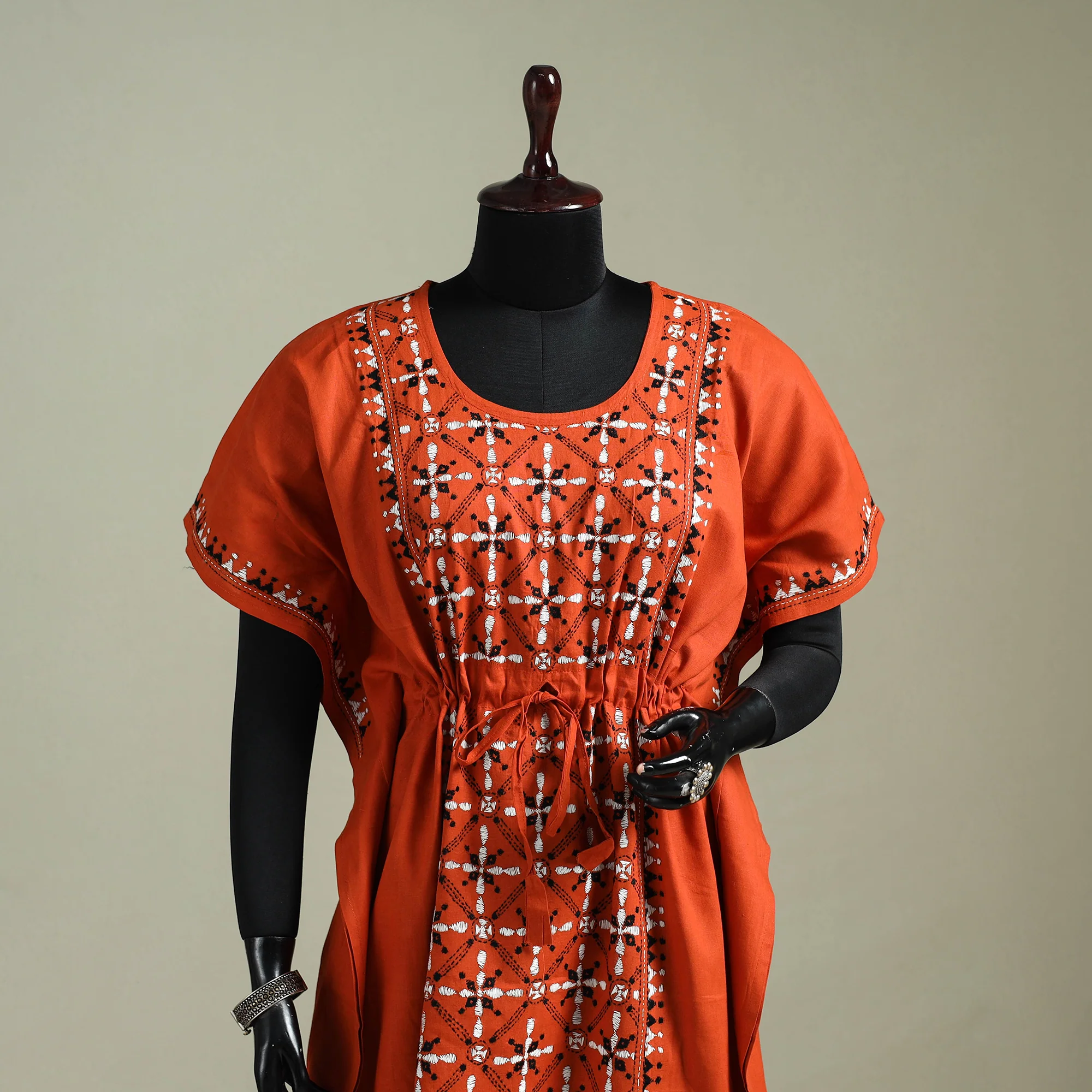 Orange - Bengal Kantha Hand Embroidery Cotton Long Kaftan 01 - Image 2