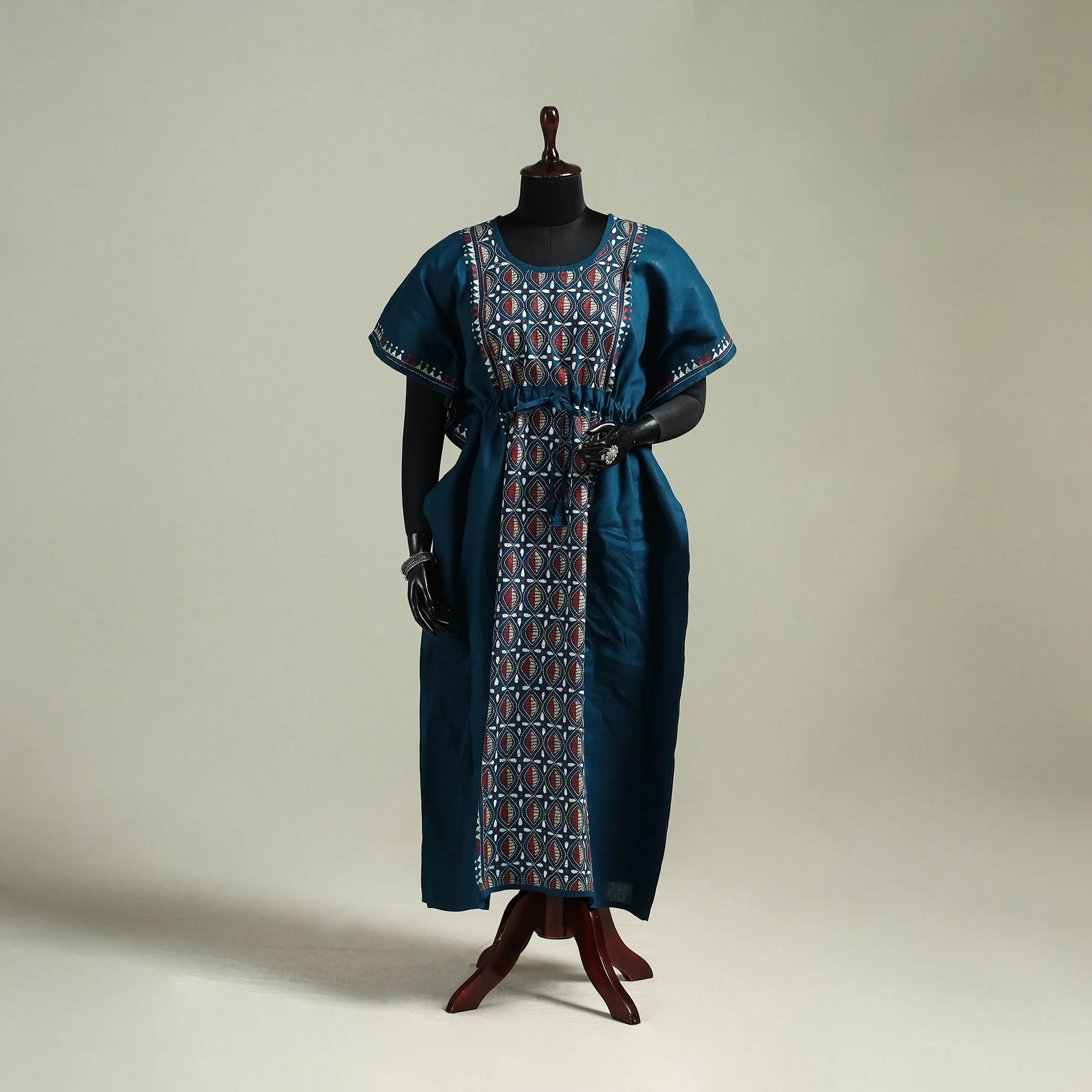 Blue - Bengal Kantha Hand Embroidery Cotton Long Kaftan 02