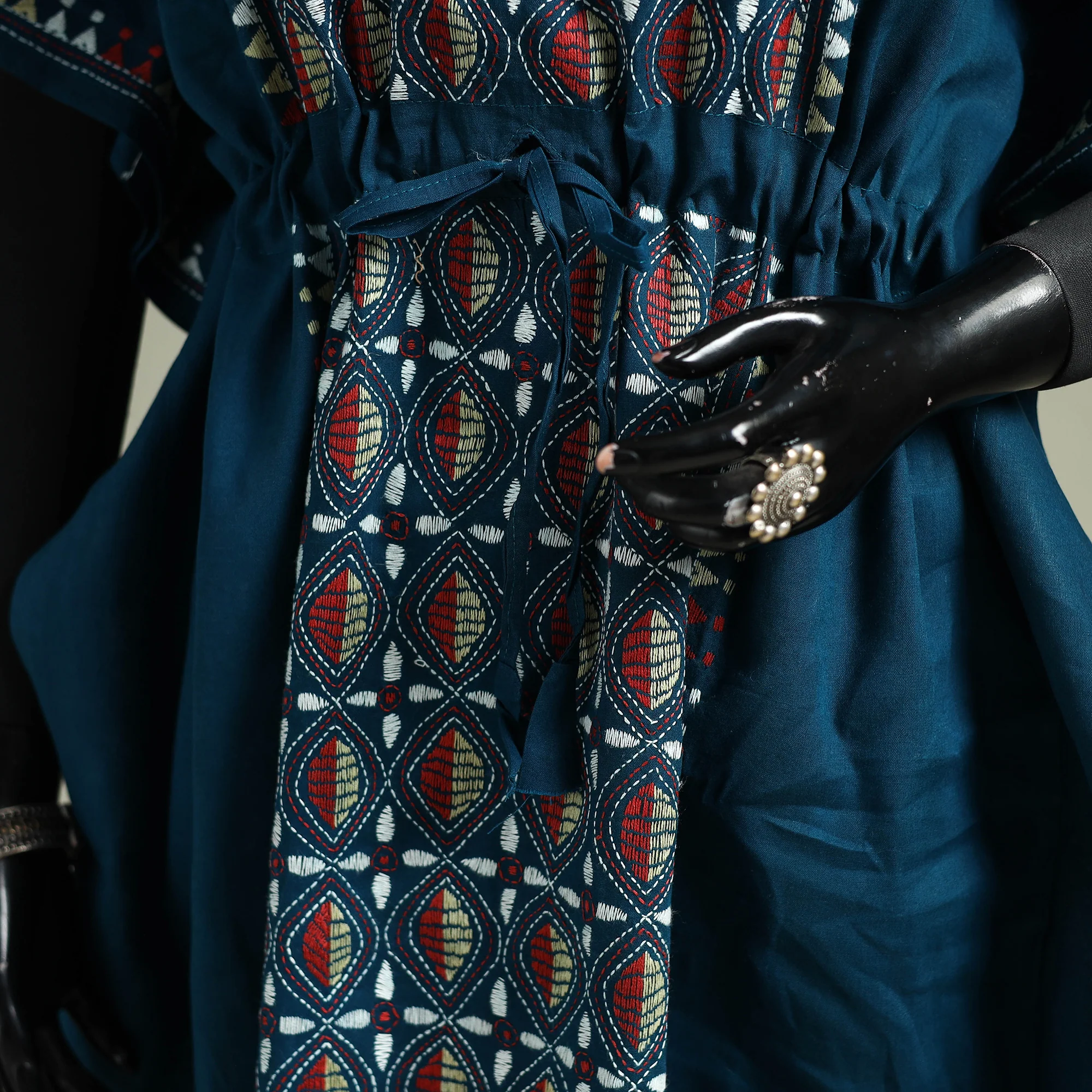 Blue - Bengal Kantha Hand Embroidery Cotton Long Kaftan 02 - Image 3
