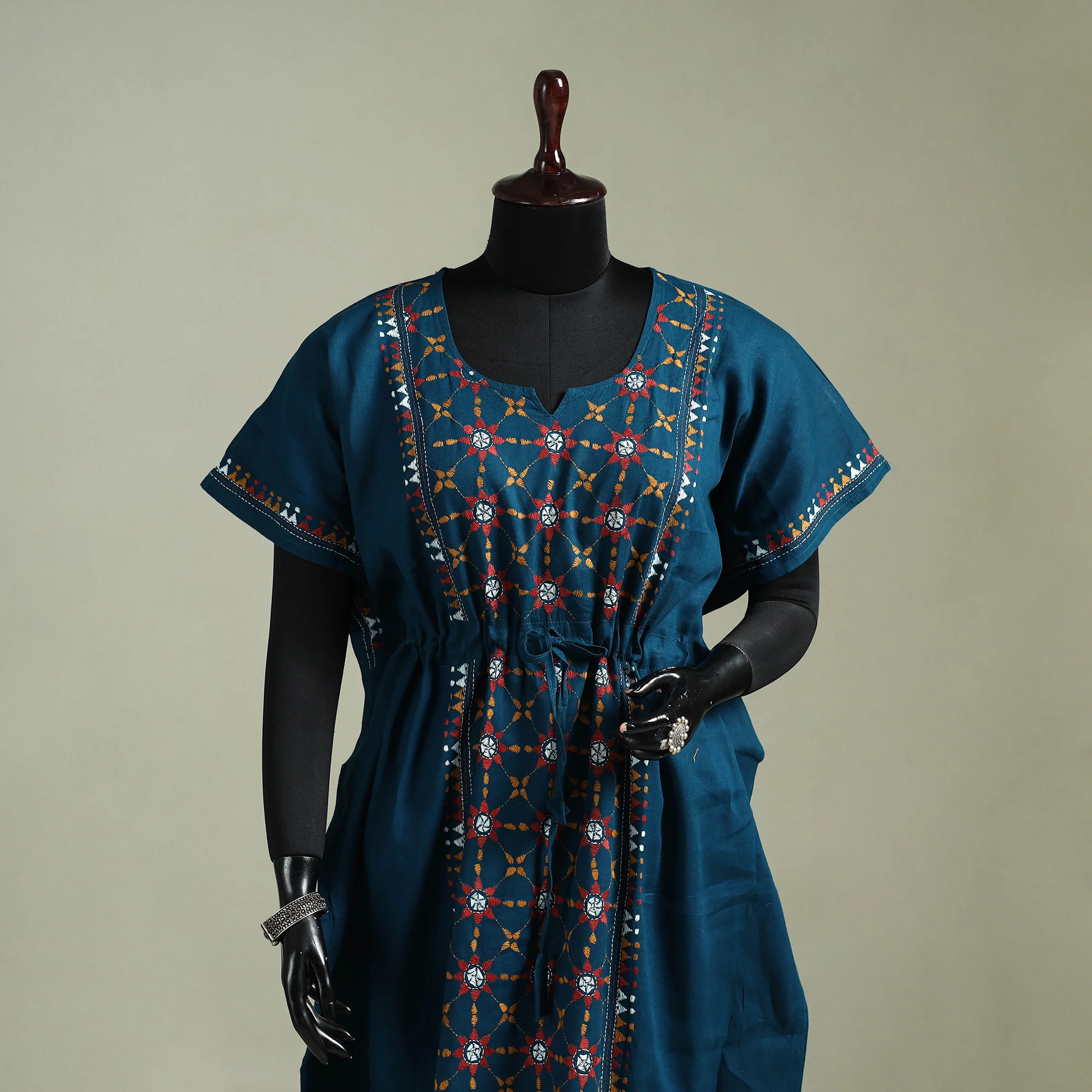 Blue - Bengal Kantha Hand Embroidery Cotton Long Kaftan 03 - Image 2
