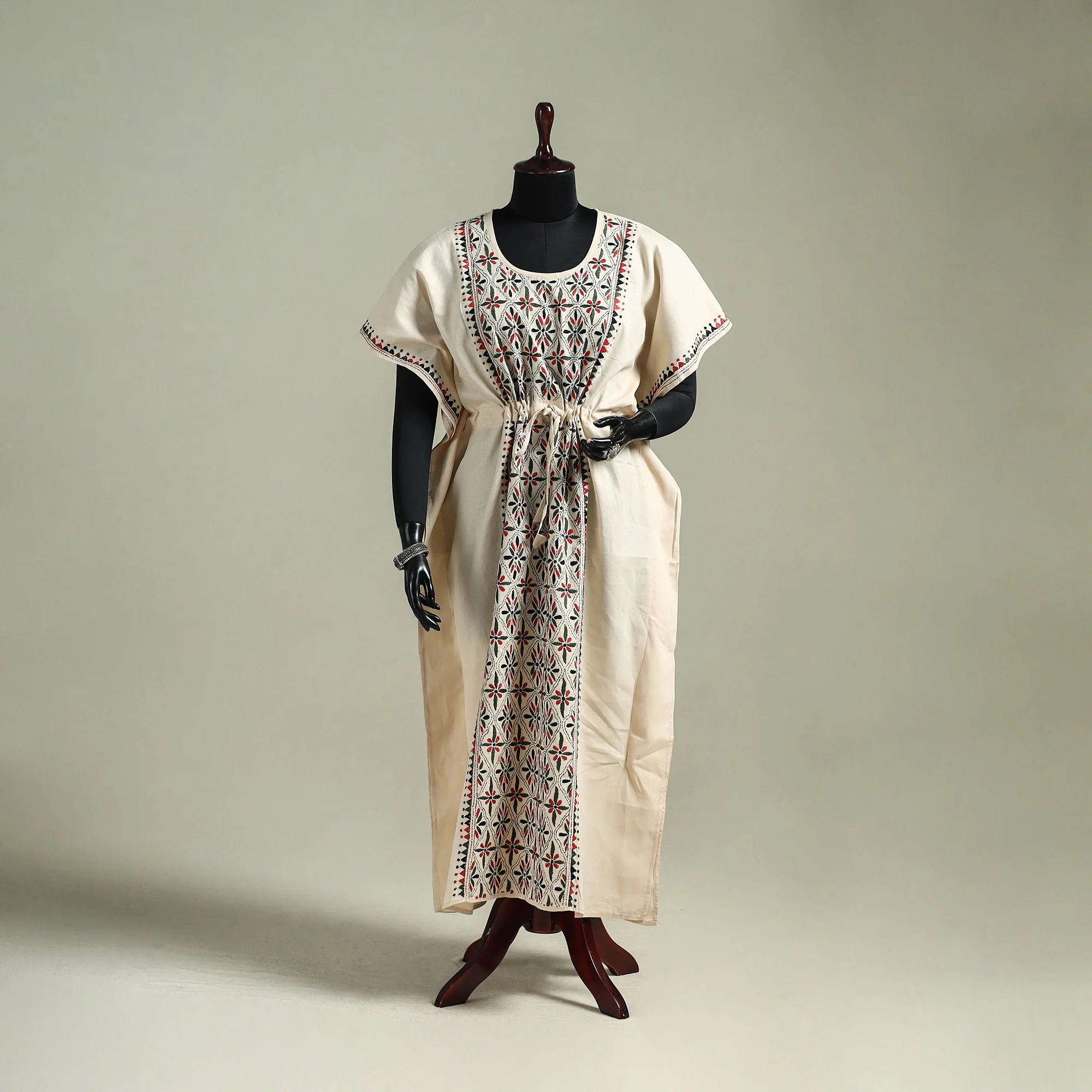 Beige - Bengal Kantha Hand Embroidery Cotton Long Kaftan 04