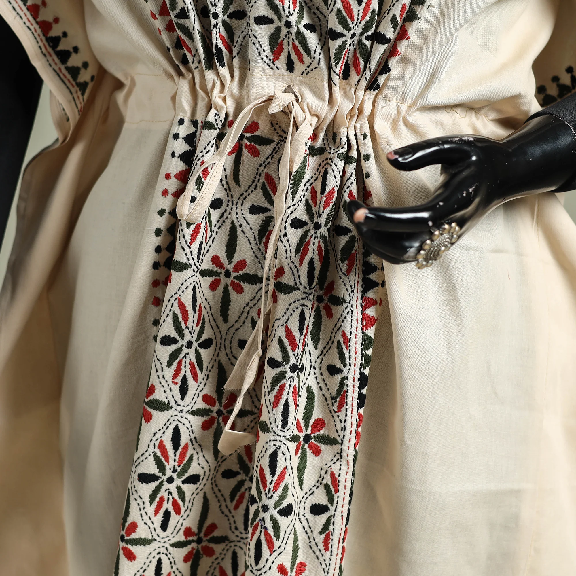 Beige - Bengal Kantha Hand Embroidery Cotton Long Kaftan 04 - Image 3