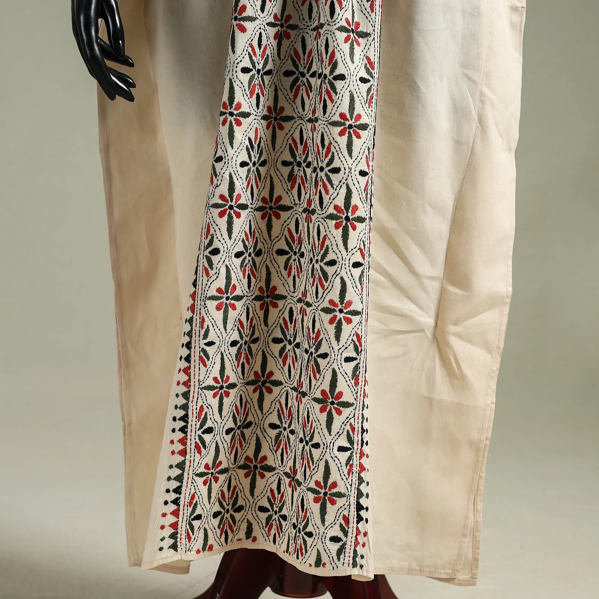 Beige - Bengal Kantha Hand Embroidery Cotton Long Kaftan 04 - Image 4