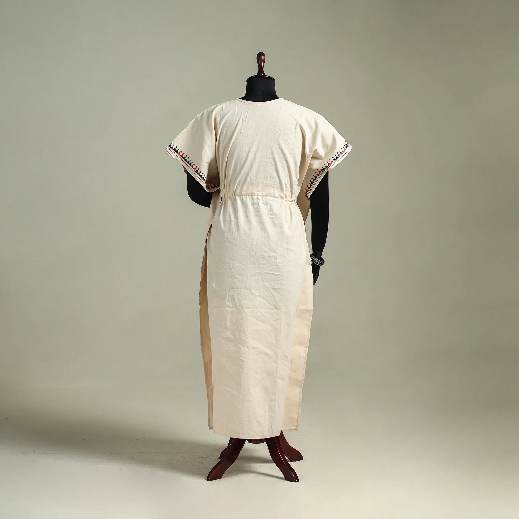 Beige - Bengal Kantha Hand Embroidery Cotton Long Kaftan 04 - Image 5
