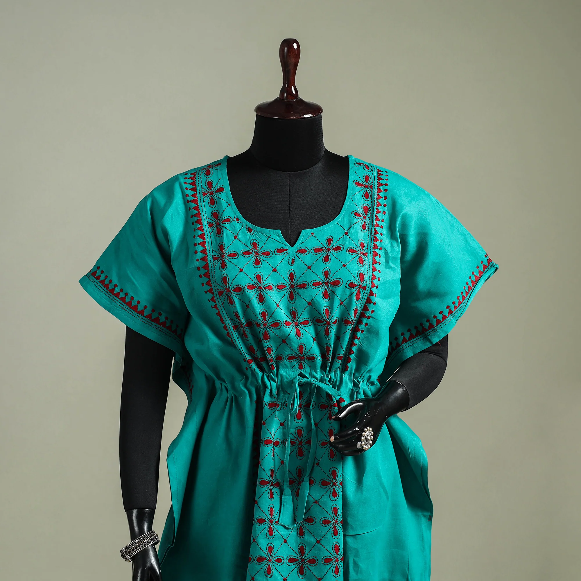 Green - Bengal Kantha Hand Embroidery Cotton Long Kaftan 05 - Image 2