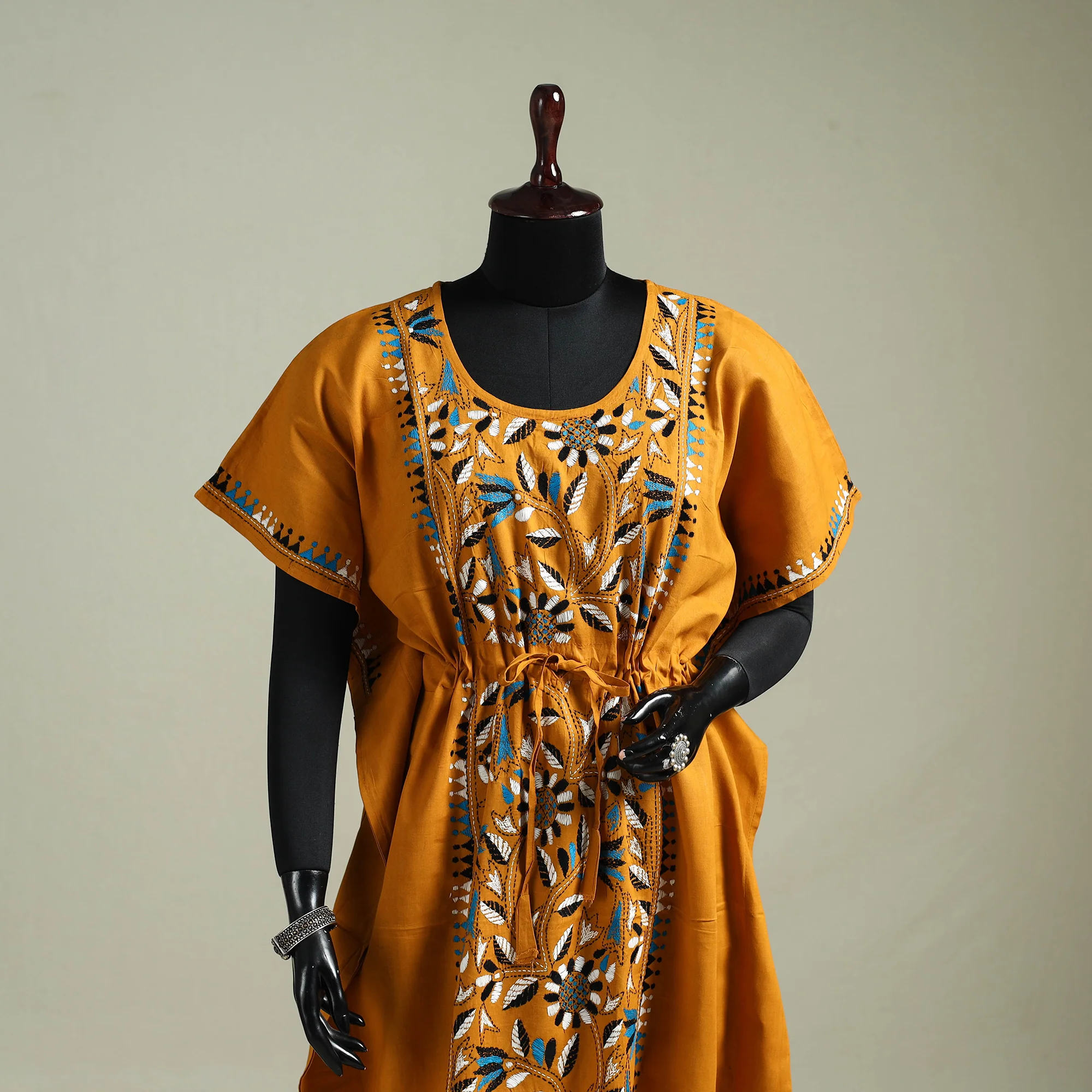Yellow - Bengal Kantha Hand Embroidery Cotton Long Kaftan 06 - Image 2