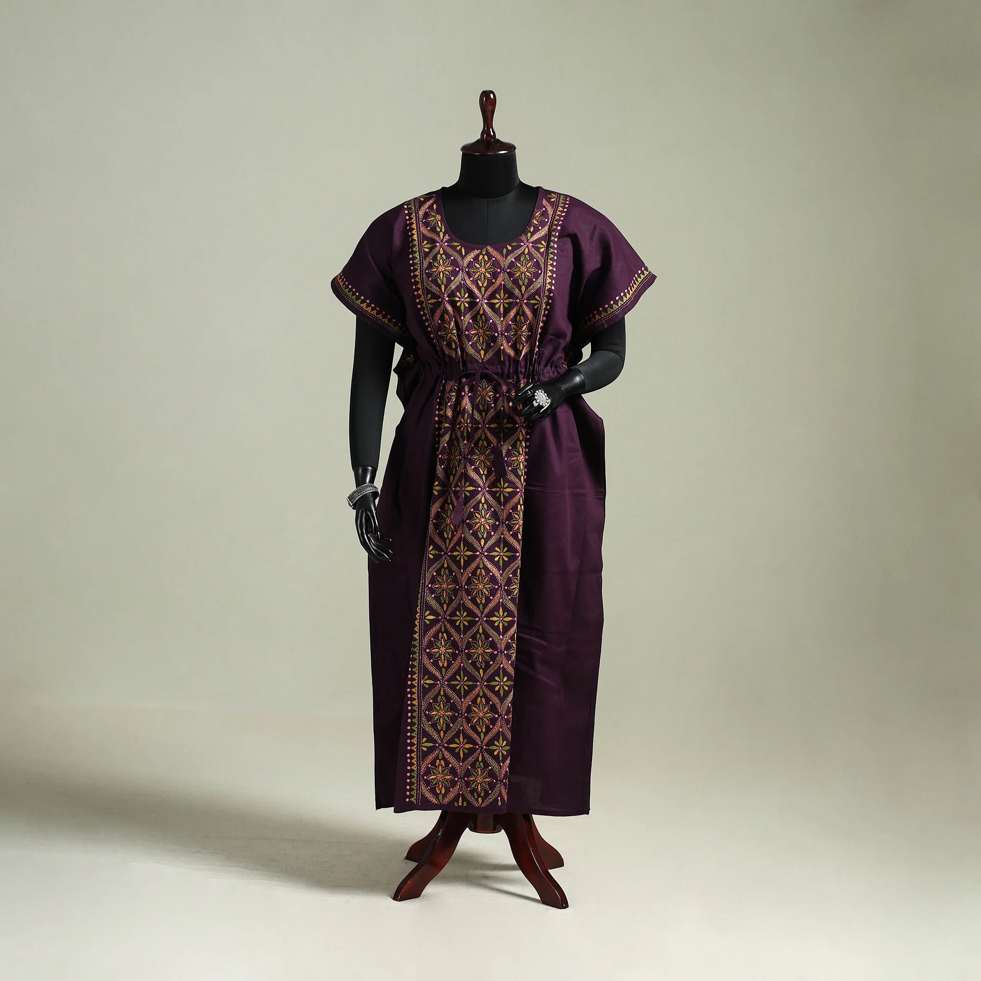 Purple - Bengal Kantha Hand Embroidery Cotton Long Kaftan 09