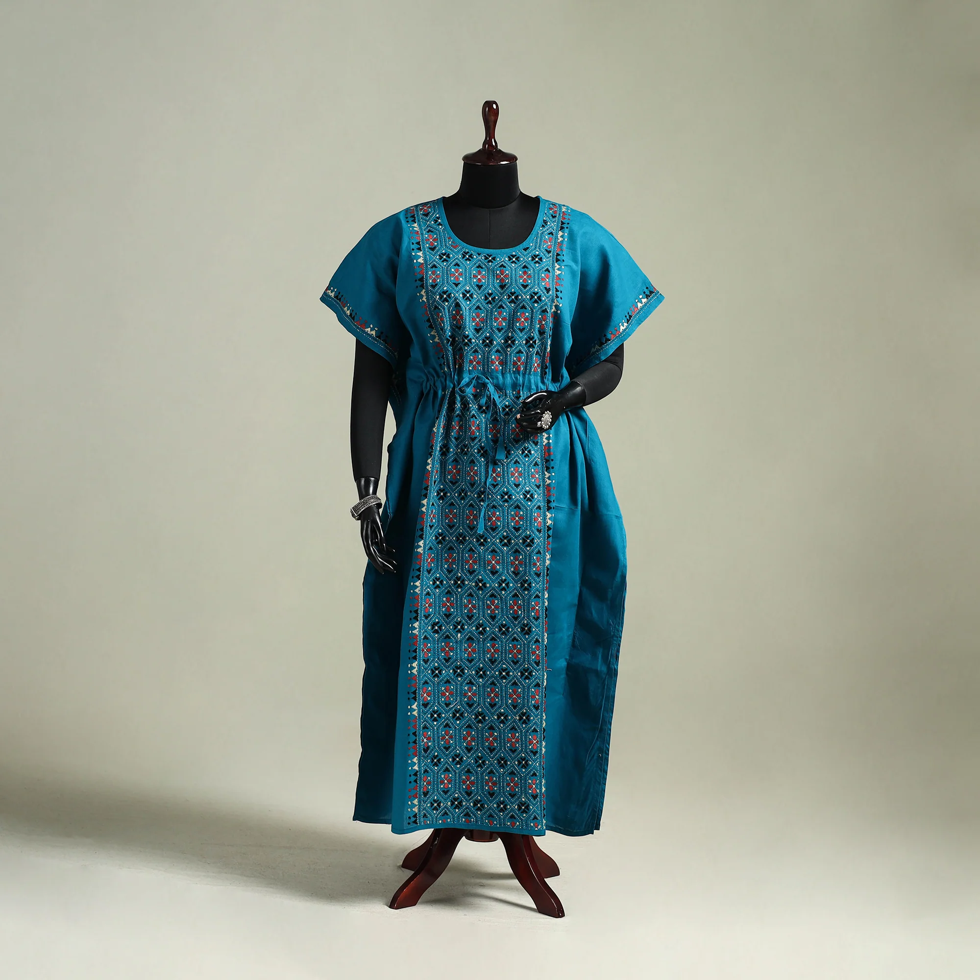 Blue - Bengal Kantha Hand Embroidery Cotton Long Kaftan 10
