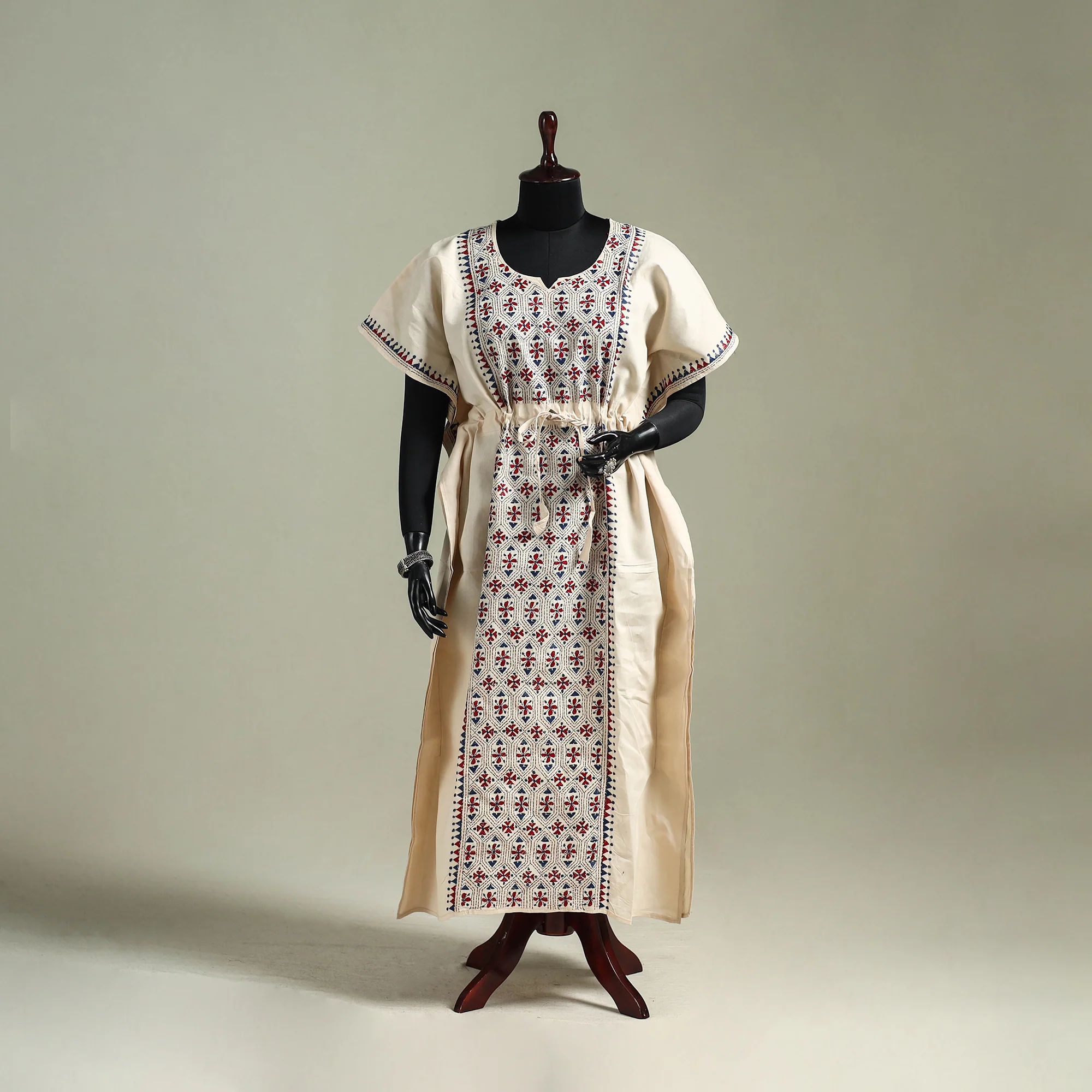 Beige - Bengal Kantha Hand Embroidery Cotton Long Kaftan 11
