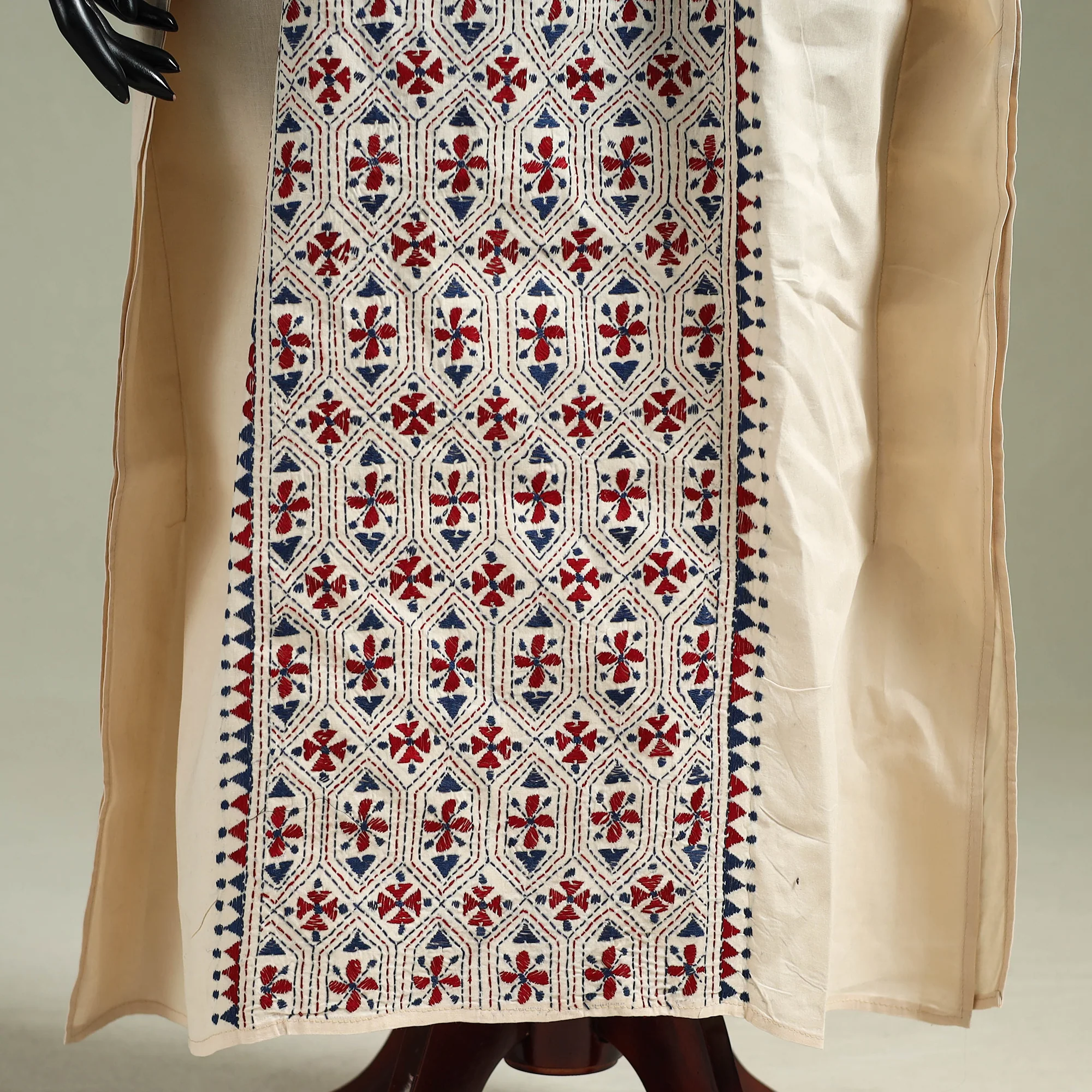 Beige - Bengal Kantha Hand Embroidery Cotton Long Kaftan 11 - Image 4