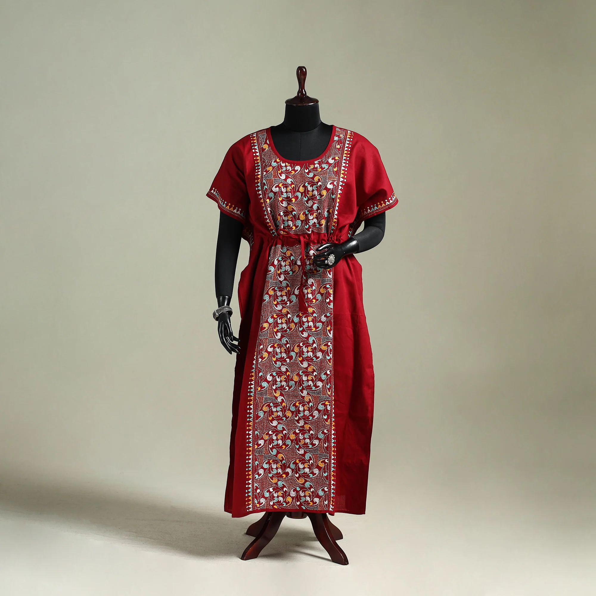 Red - Bengal Kantha Hand Embroidery Cotton Long Kaftan 12