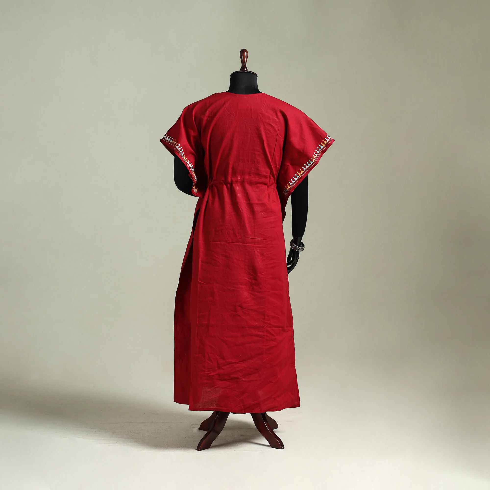 Red - Bengal Kantha Hand Embroidery Cotton Long Kaftan 12 - Image 5