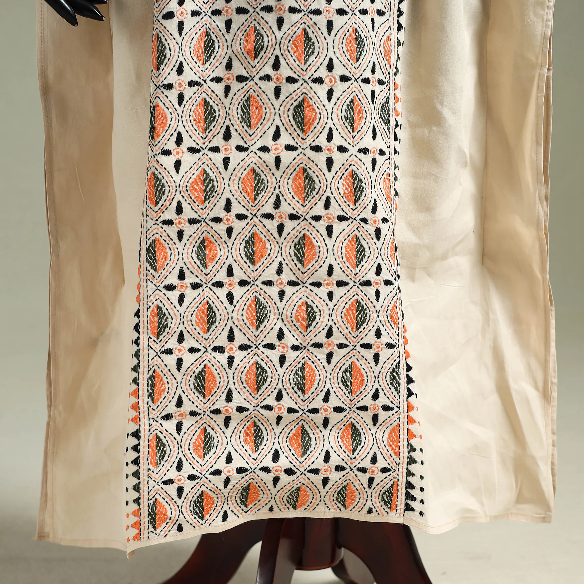 Beige - Bengal Kantha Hand Embroidery Cotton Long Kaftan 13 - Image 4