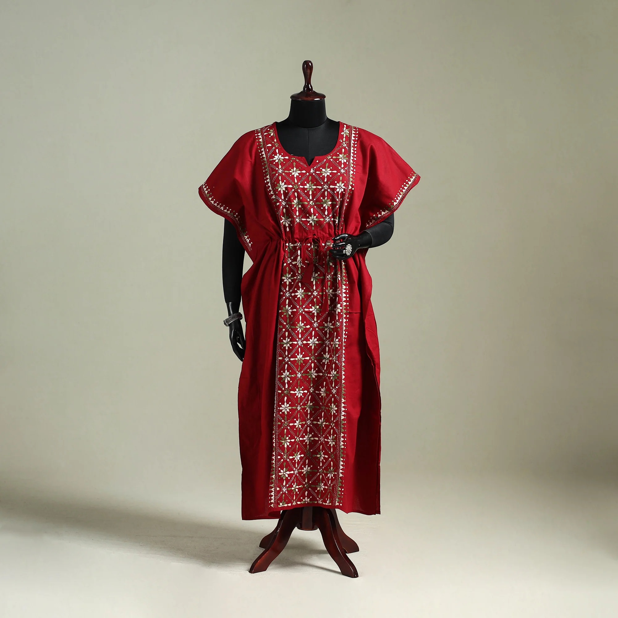 Red - Bengal Kantha Hand Embroidery Cotton Long Kaftan 14