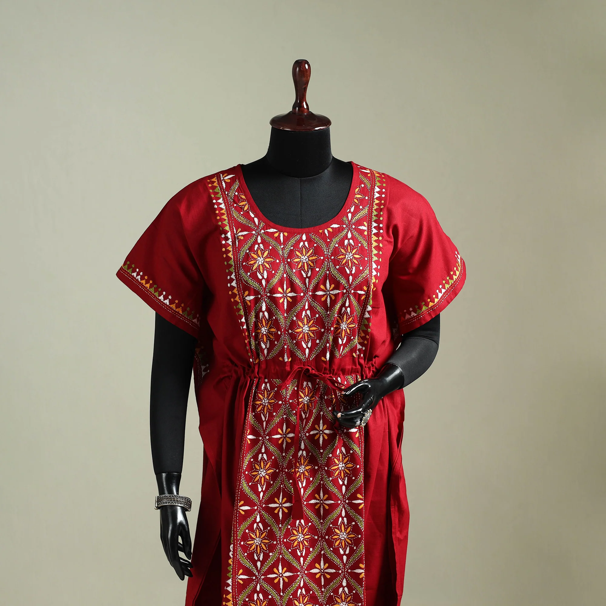 Red - Bengal Kantha Hand Embroidery Cotton Long Kaftan 15 - Image 2