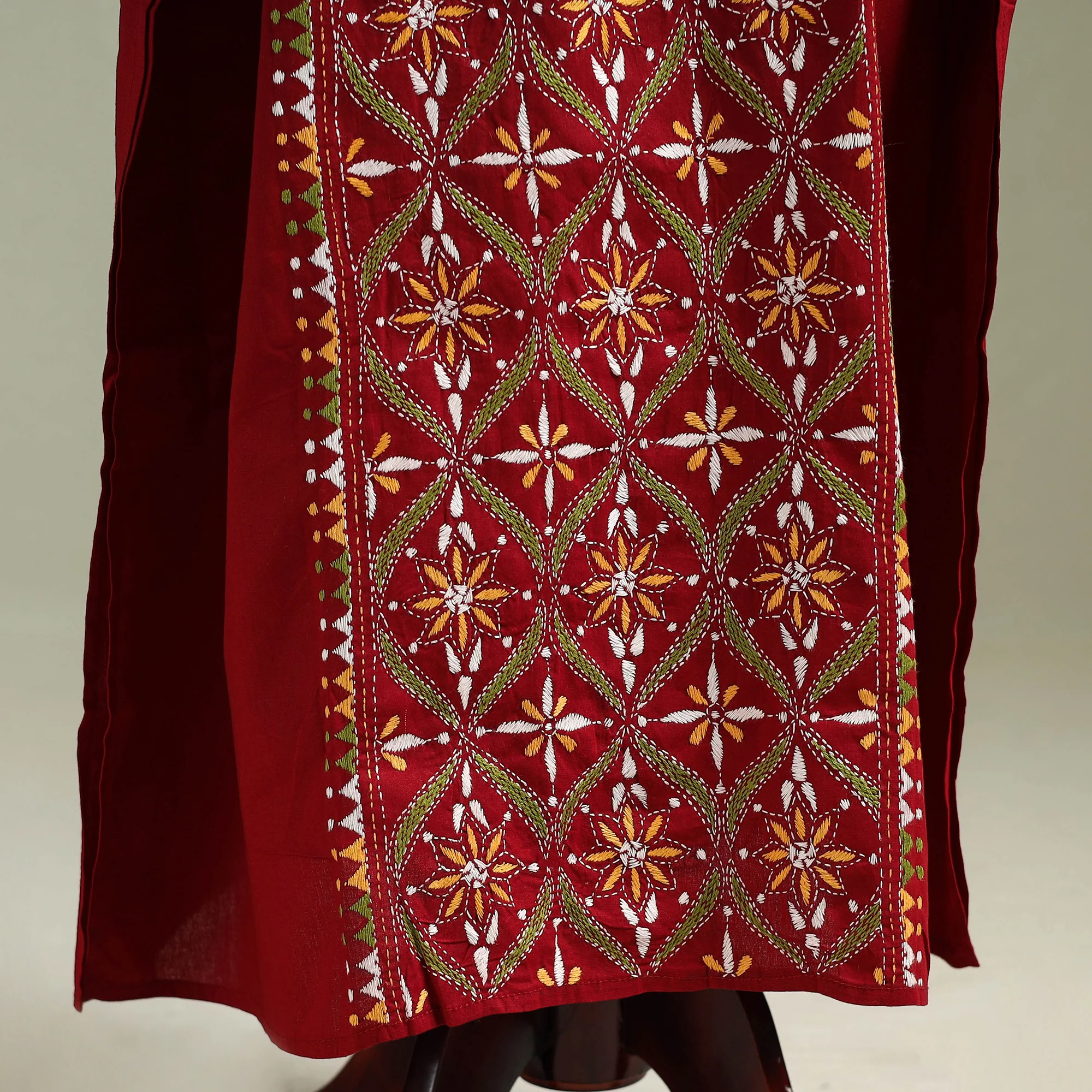 Red - Bengal Kantha Hand Embroidery Cotton Long Kaftan 15 - Image 4