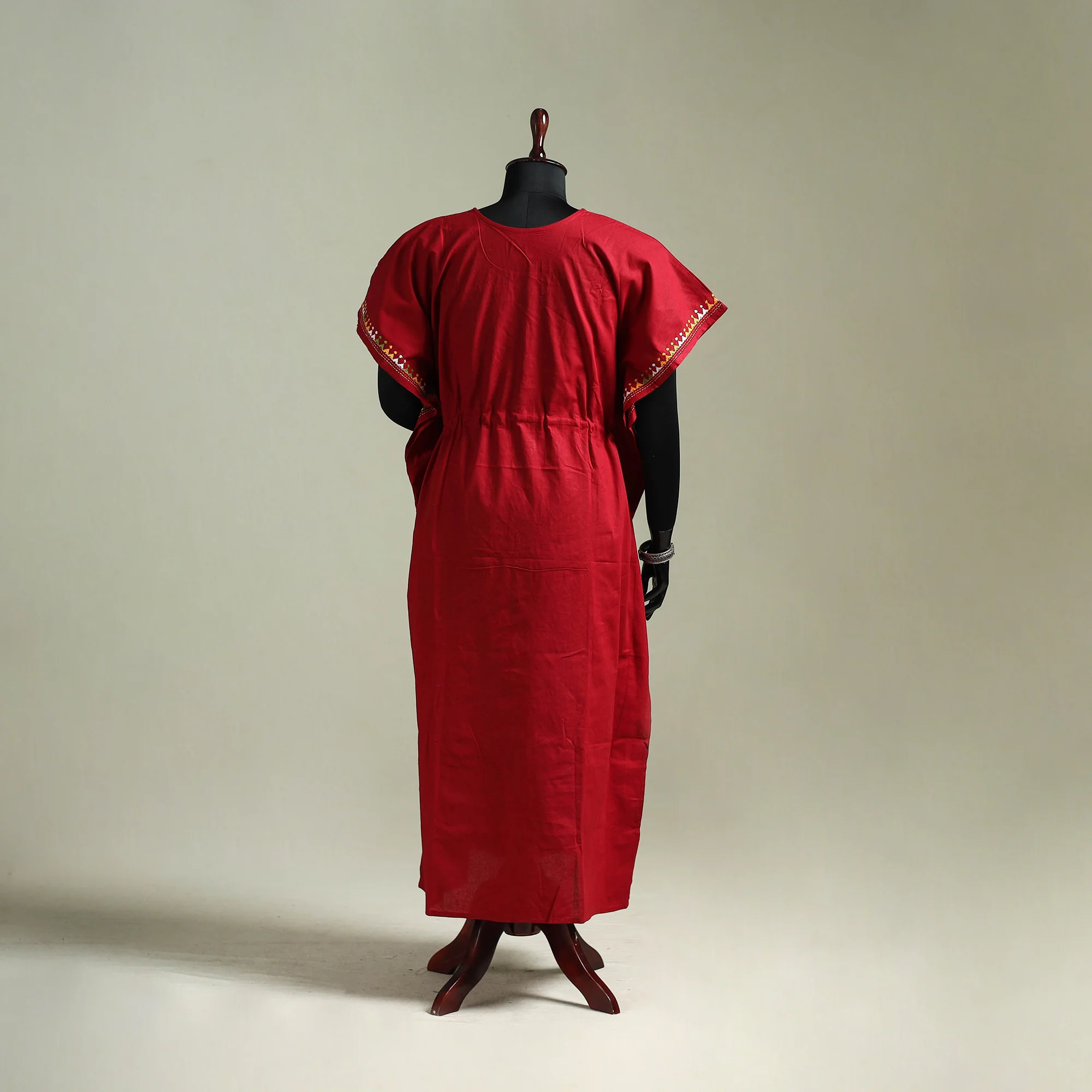 Red - Bengal Kantha Hand Embroidery Cotton Long Kaftan 15 - Image 5