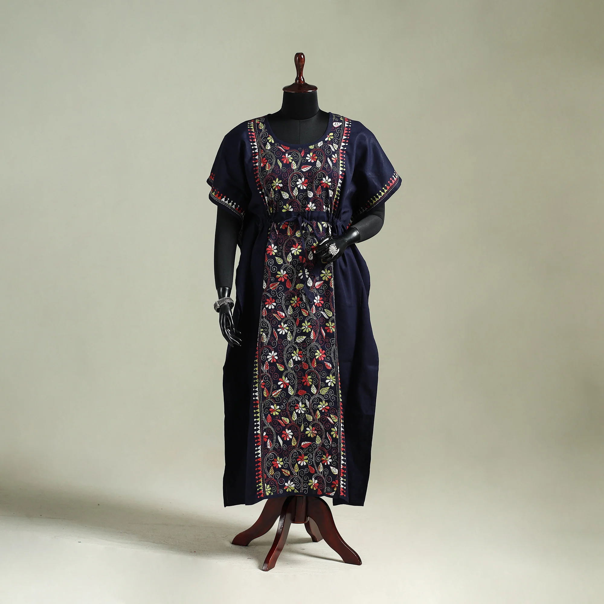 Blue - Bengal Kantha Hand Embroidery Cotton Long Kaftan 16
