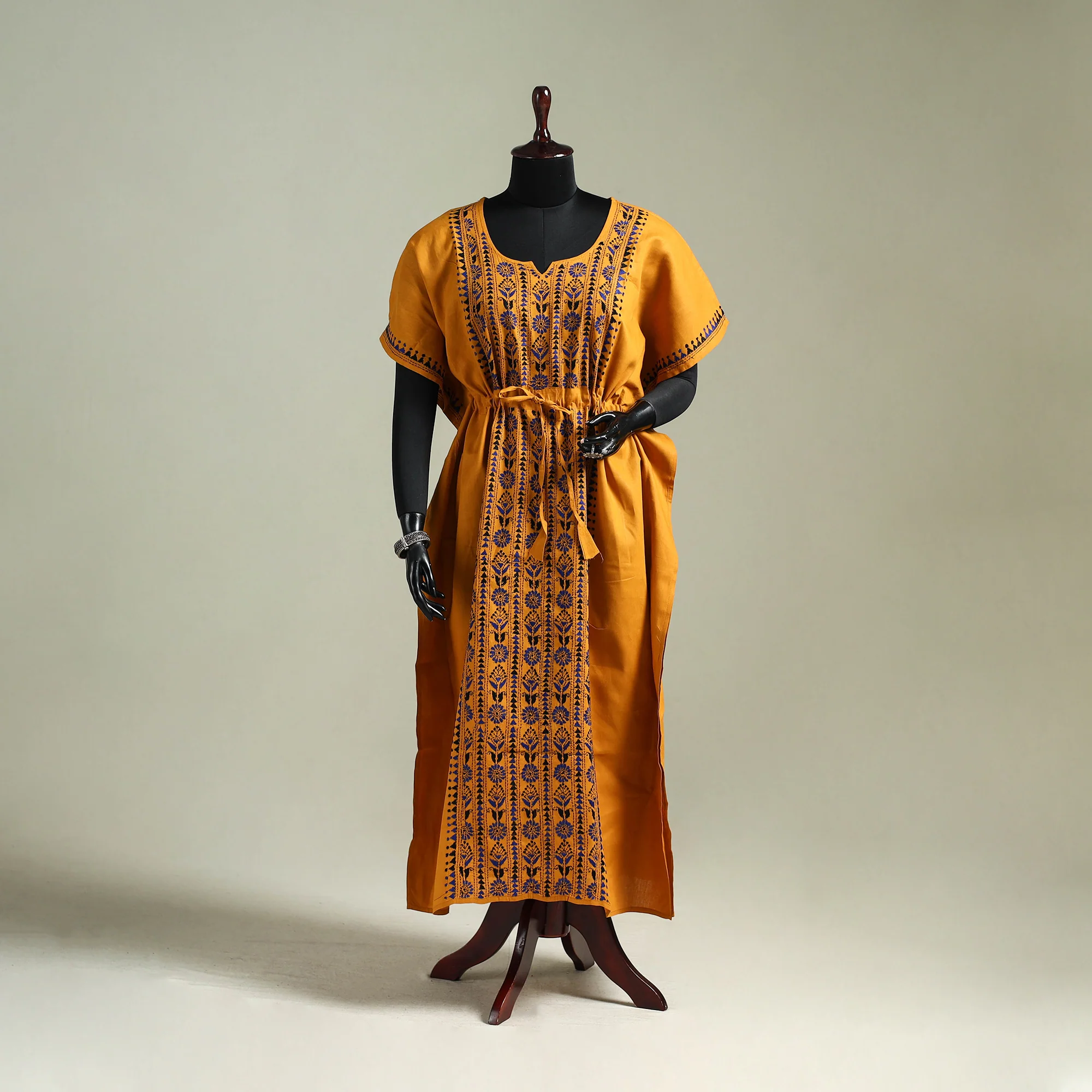 Orange - Bengal Kantha Hand Embroidery Cotton Long Kaftan 17