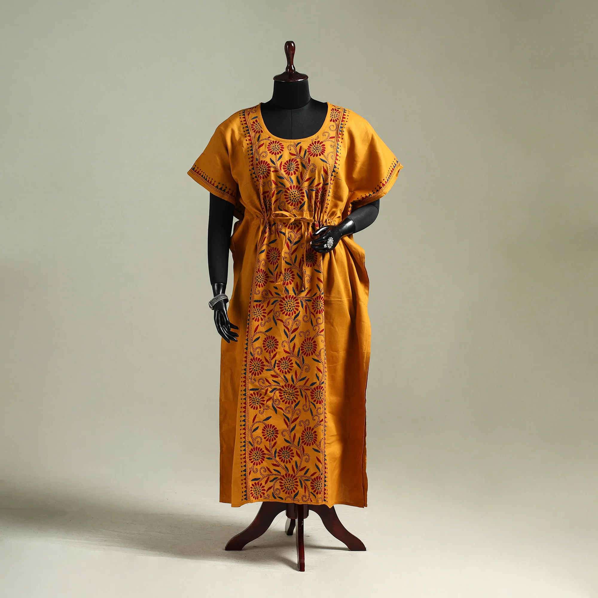 Orange - Bengal Kantha Hand Embroidery Cotton Long Kaftan 18