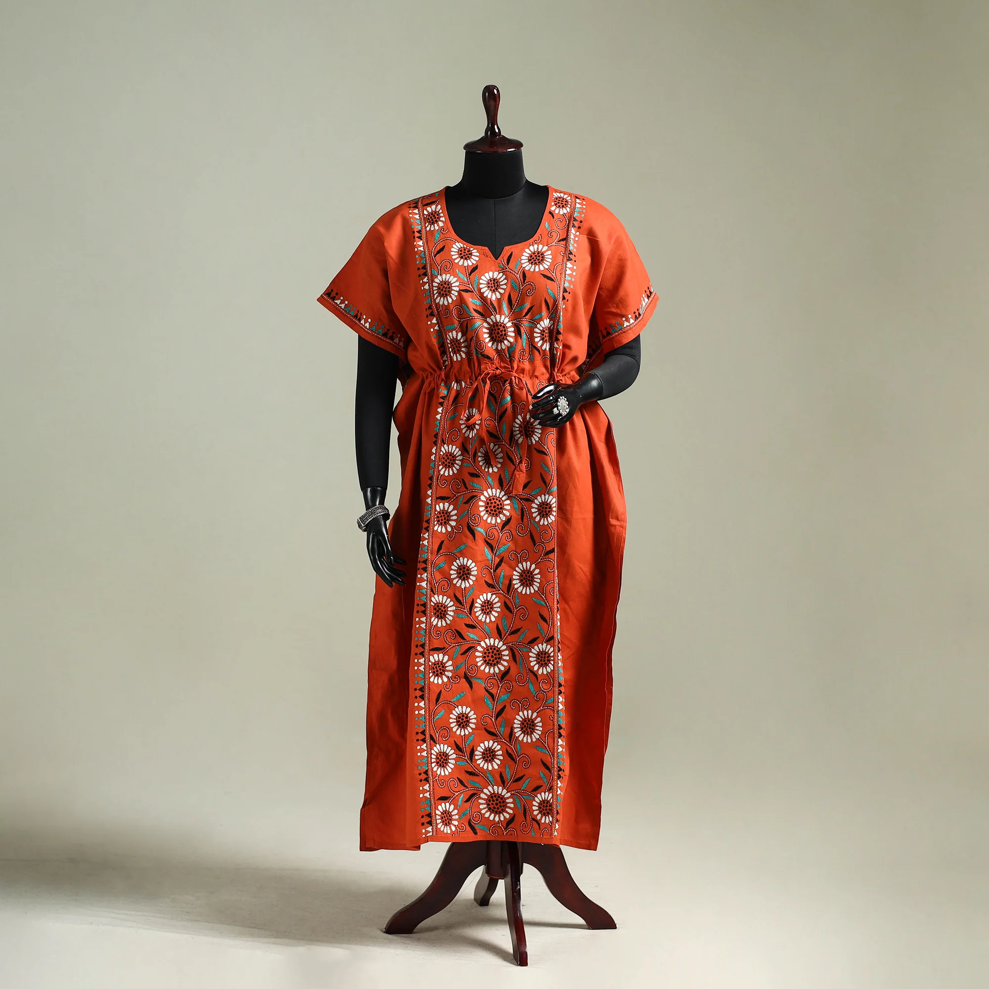 Orange - Bengal Kantha Hand Embroidery Cotton Long Kaftan 19