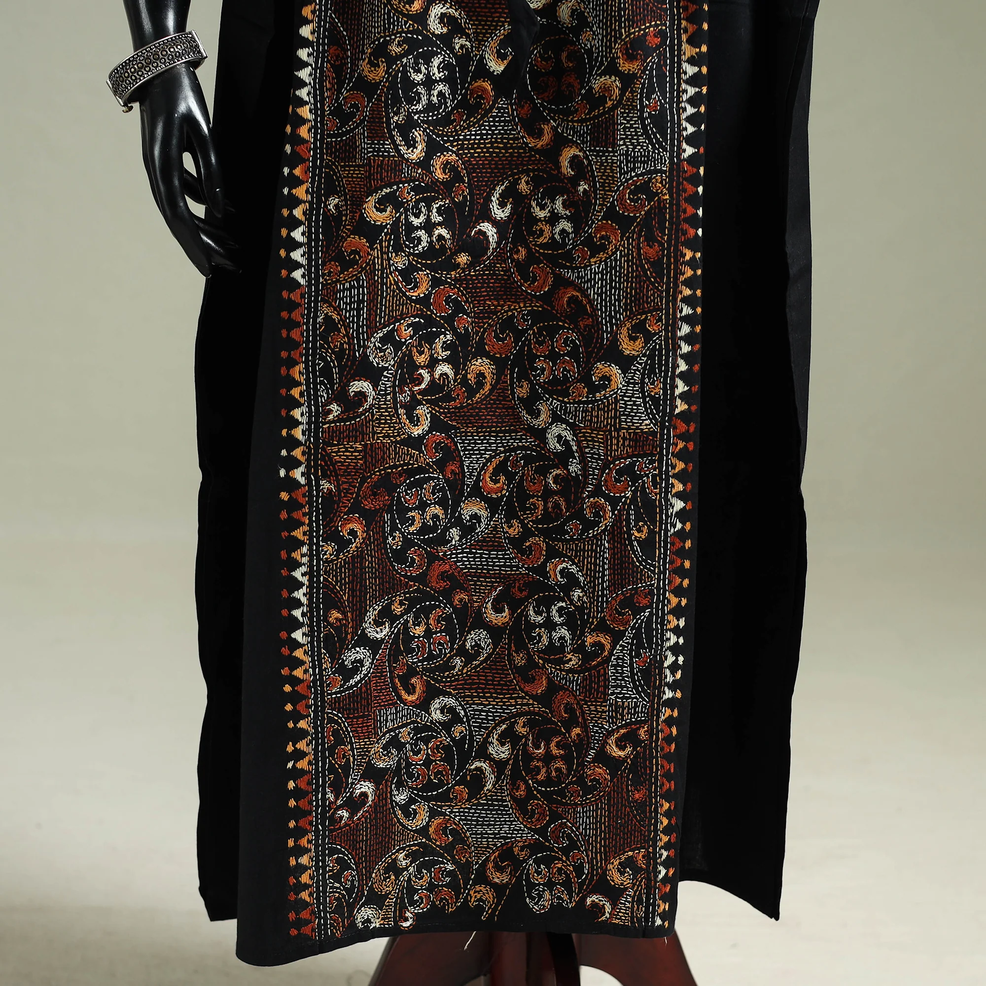 Black - Bengal Kantha Hand Embroidery Cotton Long Kaftan 20 - Image 2